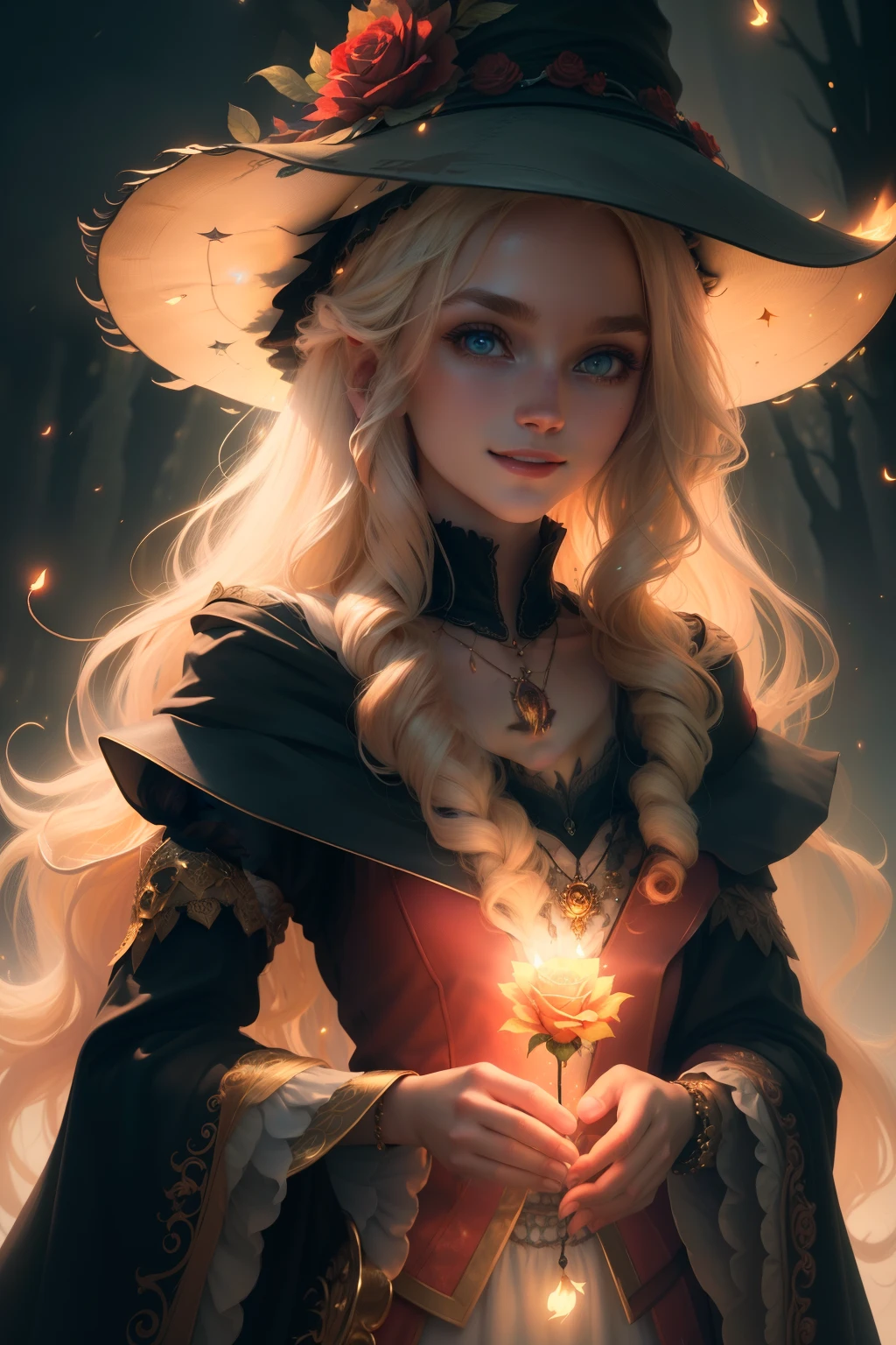 (extremely detailed CG unity 8k wallpaper, masterpiece, best quality, ultra-detailed), (an enchanting and captivating girl with a majestic witch hat, adorned with resplendent golden hair and a bewitching red rose), looking at viewer, (upper body:1.3), (dynamic angle, dazzling eyes, exquisite necklace, enchanting smile), (a background of magic and mystery, fireflies, glowing particles, ethereal mist, and a touch of darkness), high saturation, cinematic light, rim lighting, best shadow