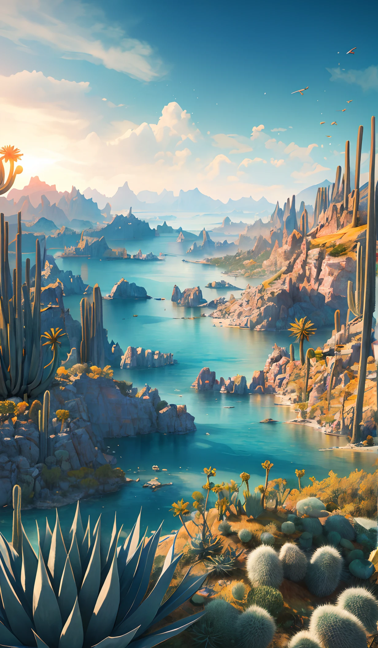 ((masterpiece)), best quality, high quality, ((extremely detailed CG unity 8k wallpaper)),(fantasy), A dry place like an empty desert, dearest, viewing on higher mountain, ((giant agave titanota)), wild plants, foxy, , Mono Lake,hackberry,3D Digital Paintings,award winning photography, Bokeh, Depth of Field, HDR, bloom, less cactus, Chromatic Aberration ,Photorealistic,extremely detailed, trending on artstation, trending on CGsociety, Intricate, High Detail, dramatic, art by midjourney,epic