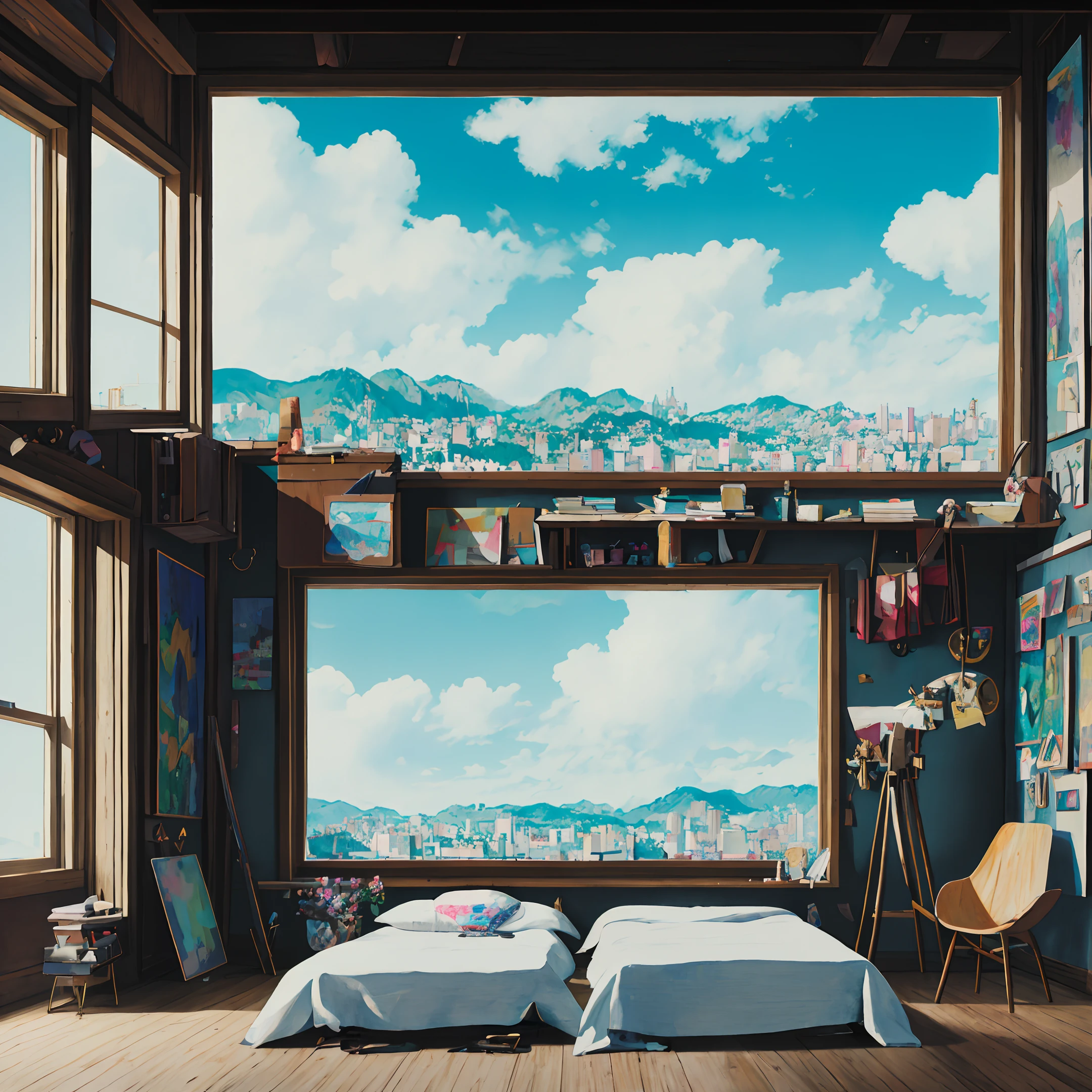 masterpiece, best quality, high quality, extremely detailed CG unity 8k wallpaper, bedroom, indoors, sky, cloud, day, no humans,fit up, landscape, Bokeh, HDR, bloom, Chromatic Aberration ,Photorealistic,extremely detailed, trending on artstation, trending on CGsociety, High Detail, art by midjourney,science,comfory,pixiv,a room full of hobbies