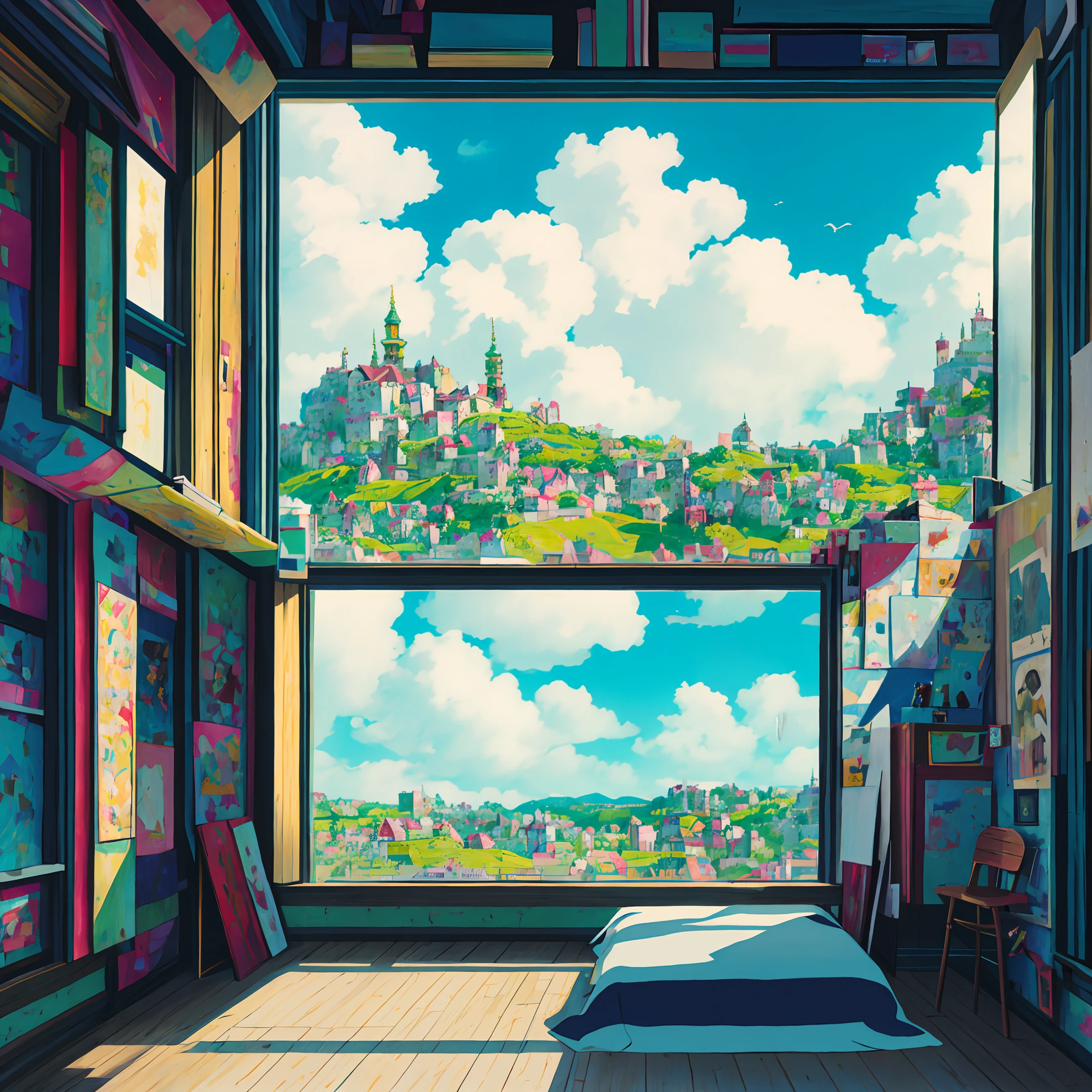 masterpiece, best quality, high quality, extremely detailed CG unity 8k wallpaper, bedroom, indoors, sky, cloud, day, no humans,fit up, landscape,  Bokeh, HDR, bloom, Chromatic Aberration ,Photorealistic,extremely detailed, trending on artstation, trending on CGsociety, High Detail, art by midjourney,science,comfory,pixiv,a room full of hobbies
