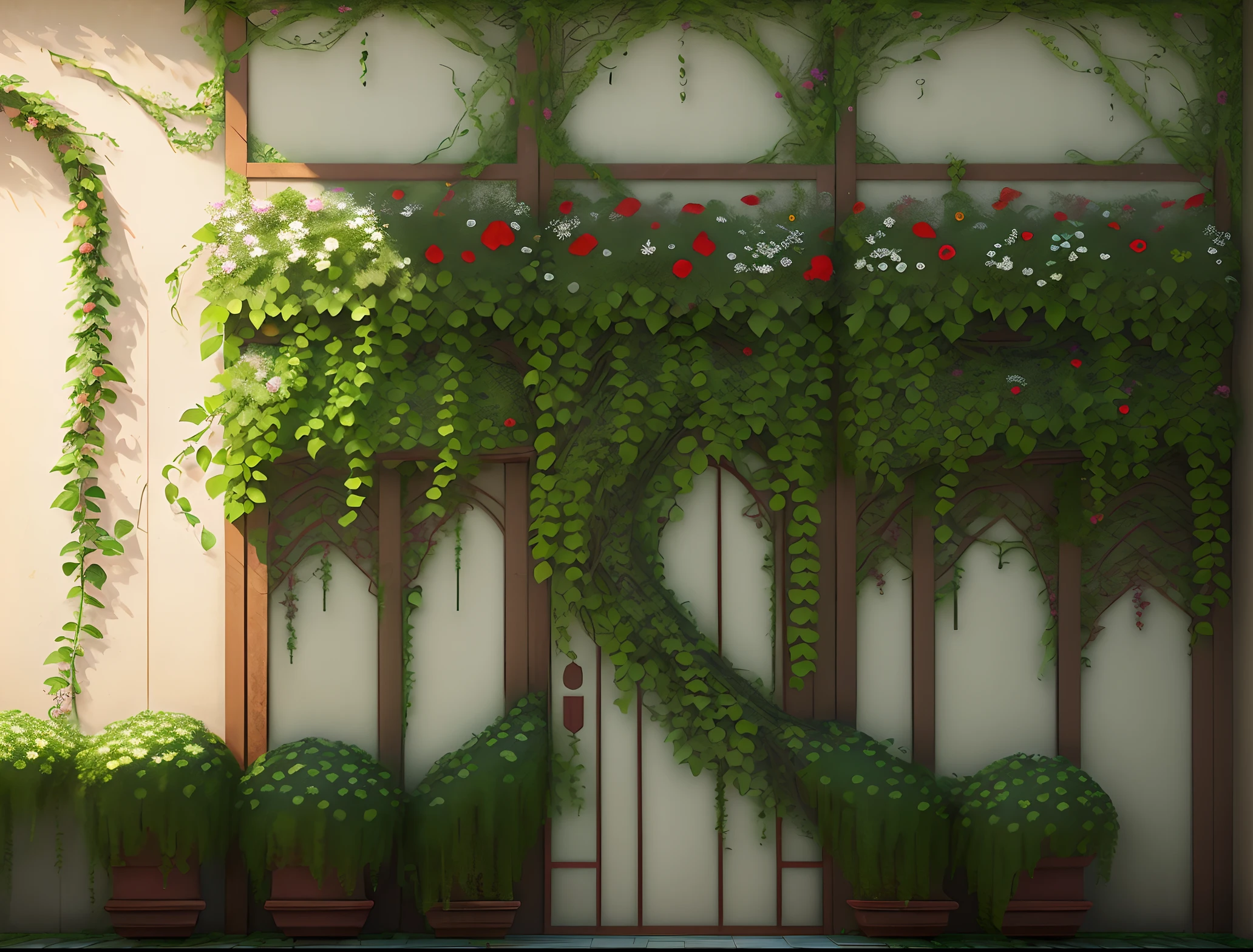 Flower walls with vines, in the style of photorealistic renderings, gongbi, 32k uhd, realistic rendering, lively landscapes, red and green