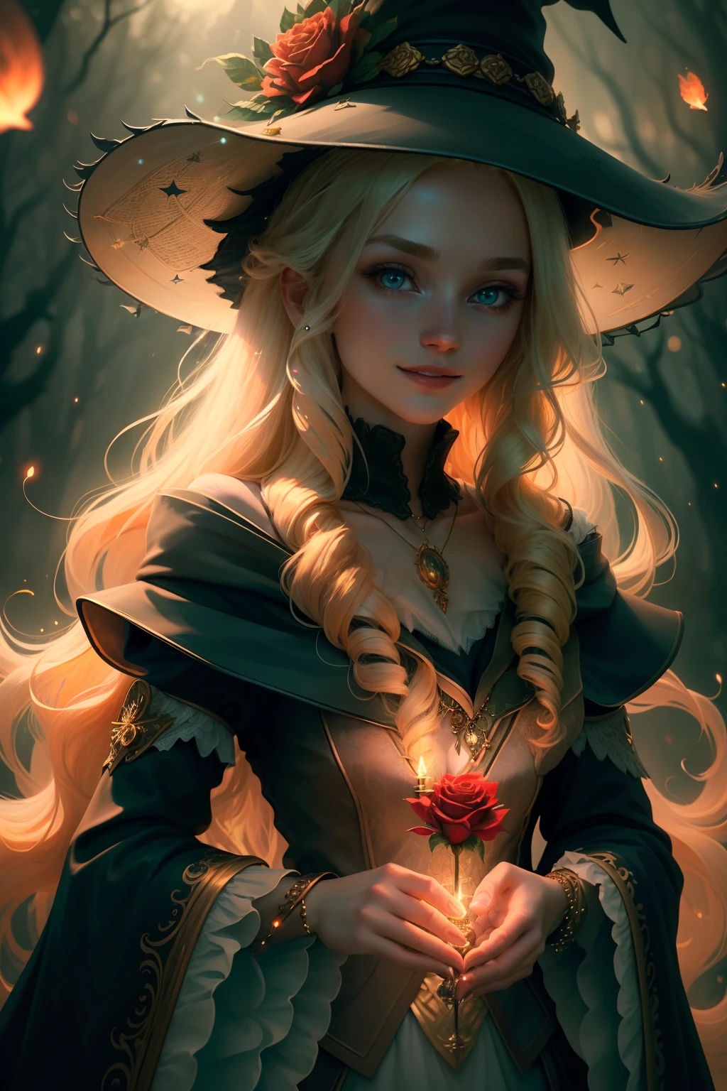 (extremely detailed CG unity 8k wallpaper, masterpiece, best quality, ultra-detailed), (an enchanting and captivating girl with a majestic witch hat, adorned with resplendent golden hair and a bewitching red rose), looking at viewer, (upper body:1.3), (dynamic angle, dazzling eyes, exquisite necklace, enchanting smile), (a background of magic and mystery, fireflies, glowing particles, ethereal mist, and a touch of darkness), high saturation, cinematic light, rim lighting, best shadow