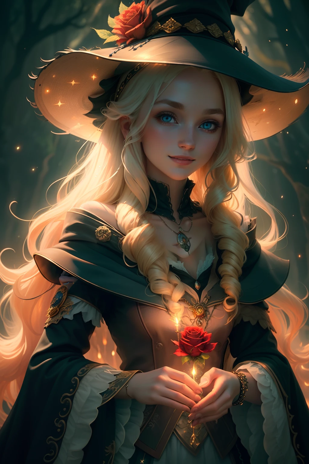 (extremely detailed CG unity 8k wallpaper, masterpiece, best quality, ultra-detailed), (an enchanting and captivating girl with a majestic witch hat, adorned with resplendent golden hair and a bewitching red rose), looking at viewer, (upper body:1.3), (dynamic angle, dazzling eyes, exquisite necklace, enchanting smile), (a background of magic and mystery, fireflies, glowing particles, ethereal mist, and a touch of darkness), high saturation, cinematic light, rim lighting, best shadow