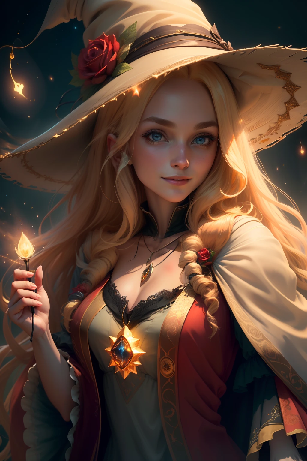 (extremely detailed CG unity 8k wallpaper, masterpiece, best quality, ultra-detailed), (an enchanting and captivating girl with a majestic witch hat, adorned with resplendent golden hair and a bewitching red rose), looking at viewer, (upper body:1.3), (dynamic angle, dazzling eyes, exquisite necklace, enchanting smile), (a background of magic and mystery, fireflies, glowing particles, ethereal mist, and a touch of darkness), high saturation, cinematic light, rim lighting, best shadow