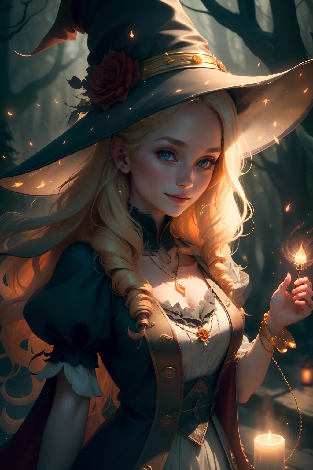 (extremely detailed CG unity 8k wallpaper, masterpiece, best quality, ultra-detailed), (an enchanting and captivating girl with a majestic witch hat, adorned with resplendent golden hair and a bewitching red rose), looking at viewer, (upper body:1.3), (dynamic angle, dazzling eyes, exquisite necklace, enchanting smile), (a background of magic and mystery, fireflies, glowing particles, ethereal mist, and a touch of darkness), high saturation, cinematic light, rim lighting, best shadow
