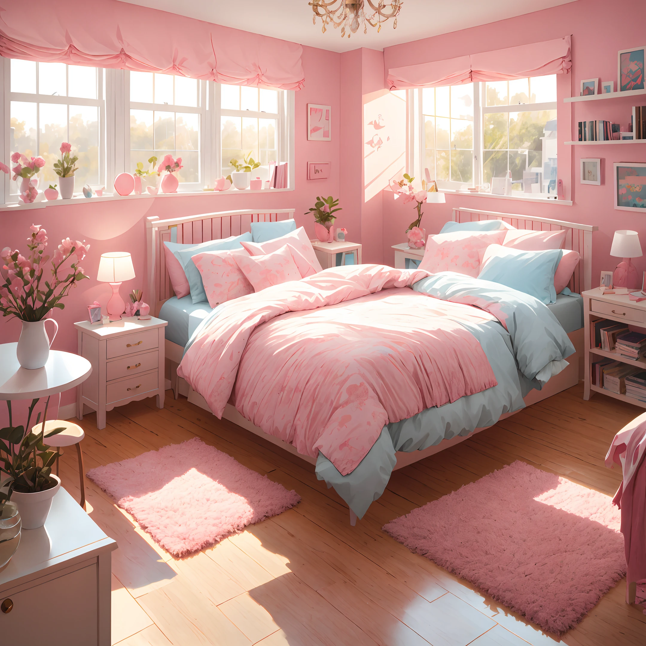 masterpiece, best quality, high quality, extremely detailed CG unity 8k wallpaper, bedroom, indoors, day, no humans,fit up, landscape, Bokeh, HDR, bloom, Chromatic Aberration ,Photorealistic,extremely detailed, trending on artstation, trending on CGsociety, High Detail, art by midjourney,science and technology,comfory,pixiv,a room full of hobbies,a bed,cartoon,warm light,Pink