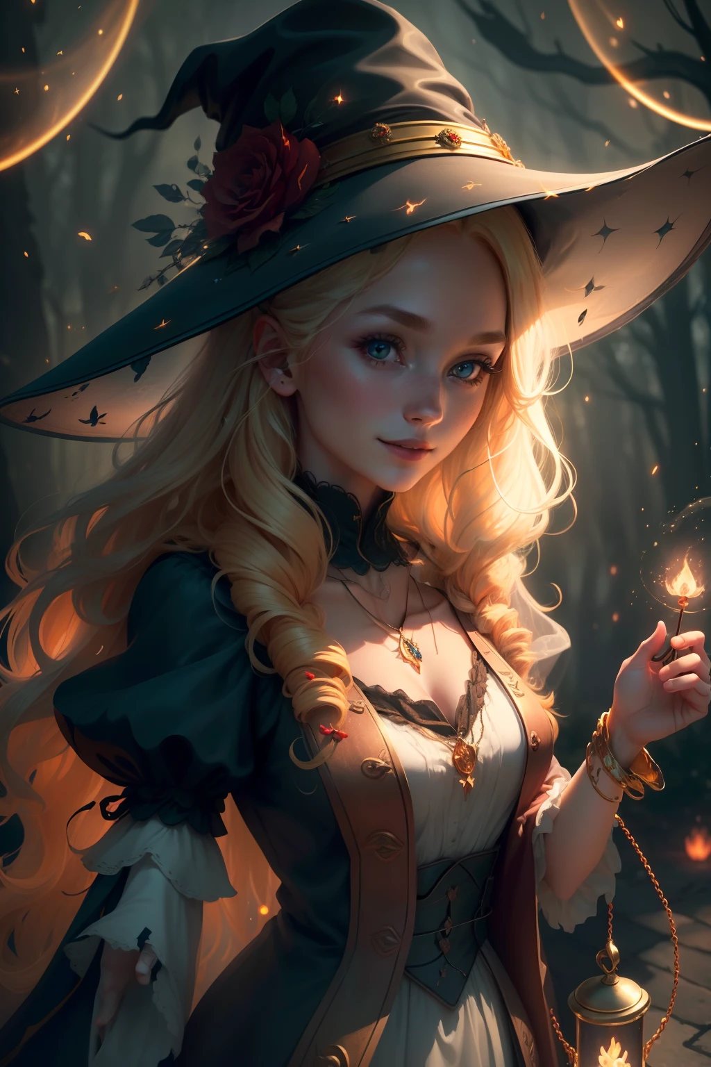 (extremely detailed CG unity 8k wallpaper, masterpiece, best quality, ultra-detailed), (an enchanting and captivating girl with a majestic witch hat, adorned with resplendent golden hair and a bewitching red rose), looking at viewer, (upper body:1.3), (dynamic angle, dazzling eyes, exquisite necklace, enchanting smile), (a background of magic and mystery, fireflies, glowing particles, ethereal mist, and a touch of darkness), high saturation, cinematic light, rim lighting, best shadow
