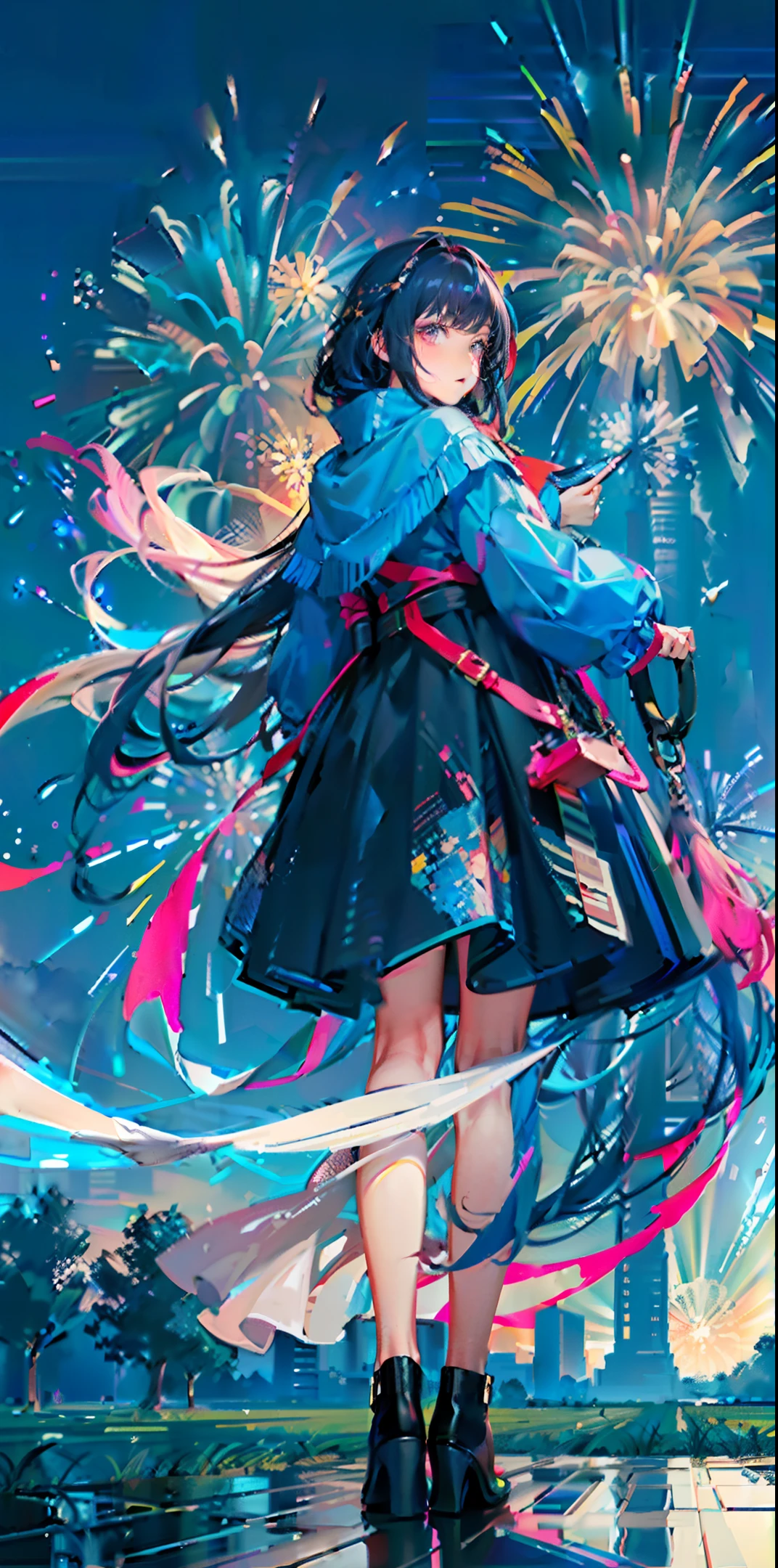 A girl with shawl and long hair, with her back to the mirror picture, watching the fireworks in the middle of a large lawn, the blue fireworks exploded in an instant, like the Milky Way, falling from the deep sky, as if to swallow people Yeah, it feels like the end of the world, (highest quality), (masterpiece), (super detailed)