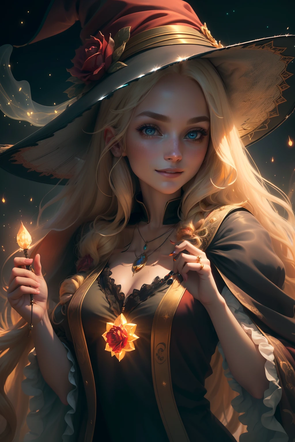 (extremely detailed CG unity 8k wallpaper, masterpiece, best quality, ultra-detailed), (an enchanting and captivating girl with a majestic witch hat, adorned with resplendent golden hair and a bewitching red rose), looking at viewer, (upper body:1.3), (dynamic angle, dazzling eyes, exquisite necklace, enchanting smile), (a background of magic and mystery, fireflies, glowing particles, ethereal mist, and a touch of darkness), high saturation, cinematic light, rim lighting, best shadow