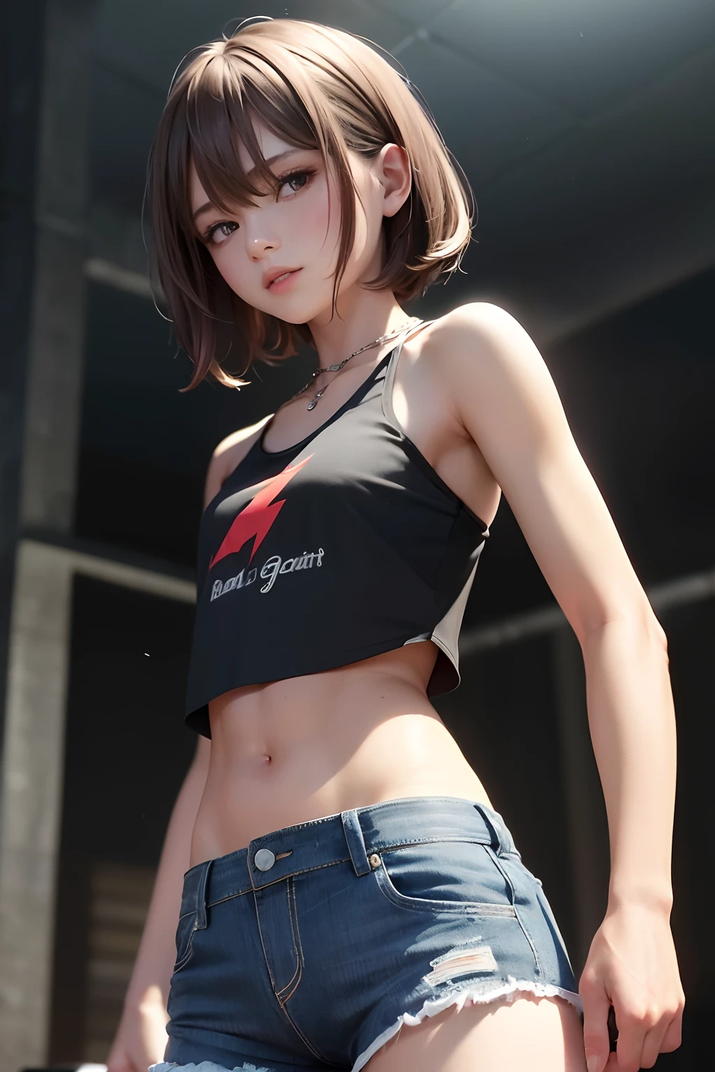 ((medium breast, tomboy girls, small head)), daylight, sunlight, (chiseled abs : 1.1), (perfect body : 1.1), (short wavy hair : 1.2) , auburn hair, collar, chain, full body shot, crowded street, wearing black tanktop, jeans jacket, ((shorts)), (extremely detailed CG 8k wallpaper), (an extremely delicate and beautiful), (masterpiece), (best quality:1.0), (ultra highres:1.0),  beautiful lighting ,perfect lightning, realistic shadows, [highres], detailed skin, ultra-detailed 