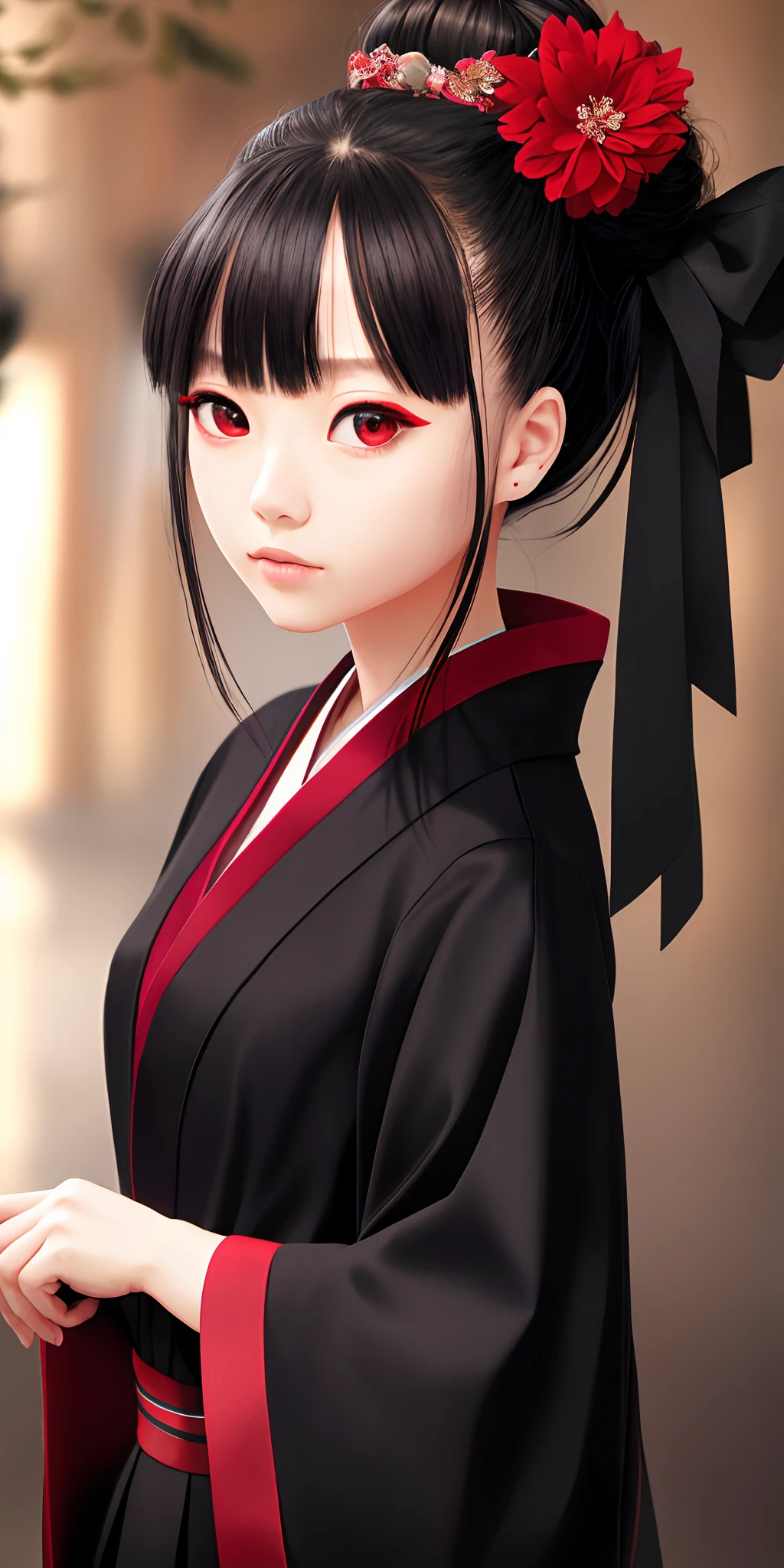 masterpiece, best quality, high quality, extremely detailed CG unity 8k wallpaper, 2girl, black kimono, black legwear, black ribbon, black hair, night, hair bun, hair ribbon, japanese clothes, kimono, long hair, looking at viewer, looking back, single girl, obi, outdoors, red eyes, red hair, ribbon, sandals, single hair bun, red eyes, beautiful girl, 