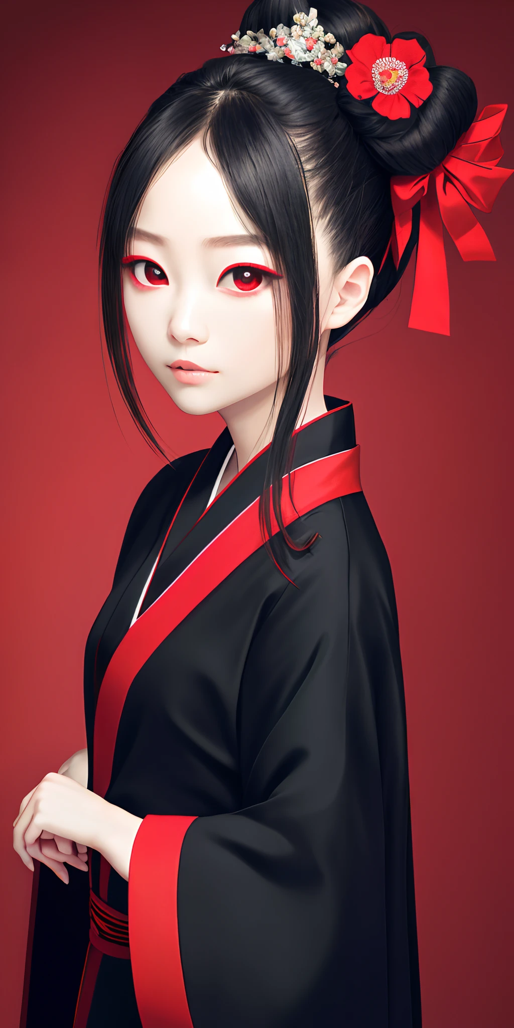 masterpiece, best quality, high quality, extremely detailed CG unity 8k wallpaper, 2girl, black kimono, black legwear, black ribbon, black hair, night, hair bun, hair ribbon, japanese clothes, kimono, long hair, looking at viewer, looking back, single girl, obi, outdoors, red eyes, red hair, ribbon, sandals, single hair bun, red eyes, beautiful girl,
