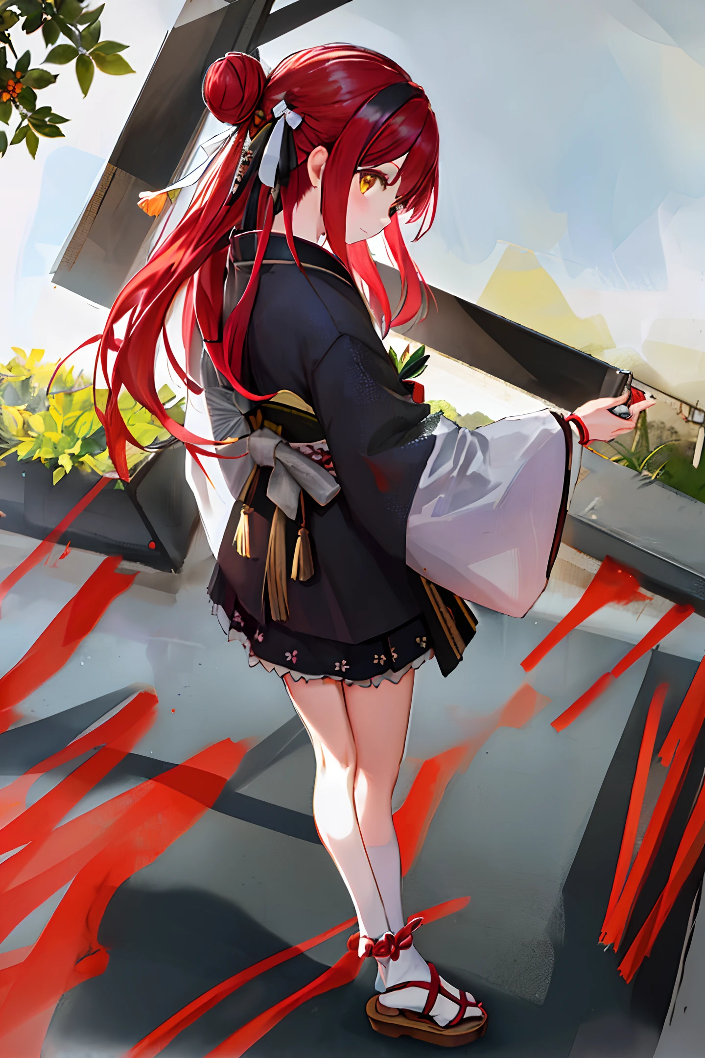 ((masterpiece,best quality)),2girls, black kimono, black legwear, black ribbon, black hair, cherry blossoms, day, flower, hair bun, hair ribbon, japanese clothes, kimono, long hair, looking at viewer, looking back, multiple girls, obi, outdoors, red eyes, red hair, ribbon, sandals, single hair bun, stairs, standing, statue, torii, tree, white kimono, yellow eyes