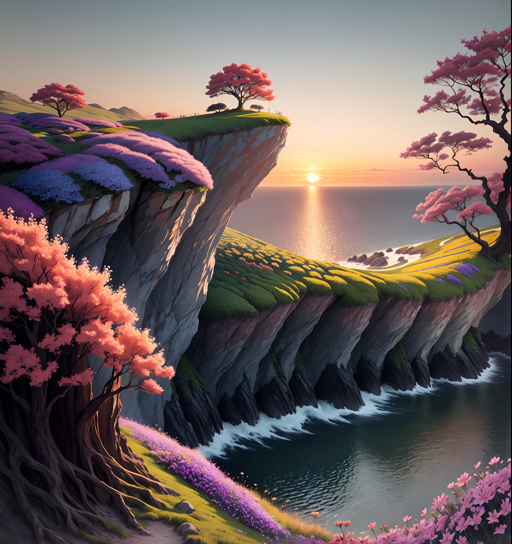 nature，Detailed lighting，Sea of flowers，sky，Sunset，breeze，defoliation，cliff，