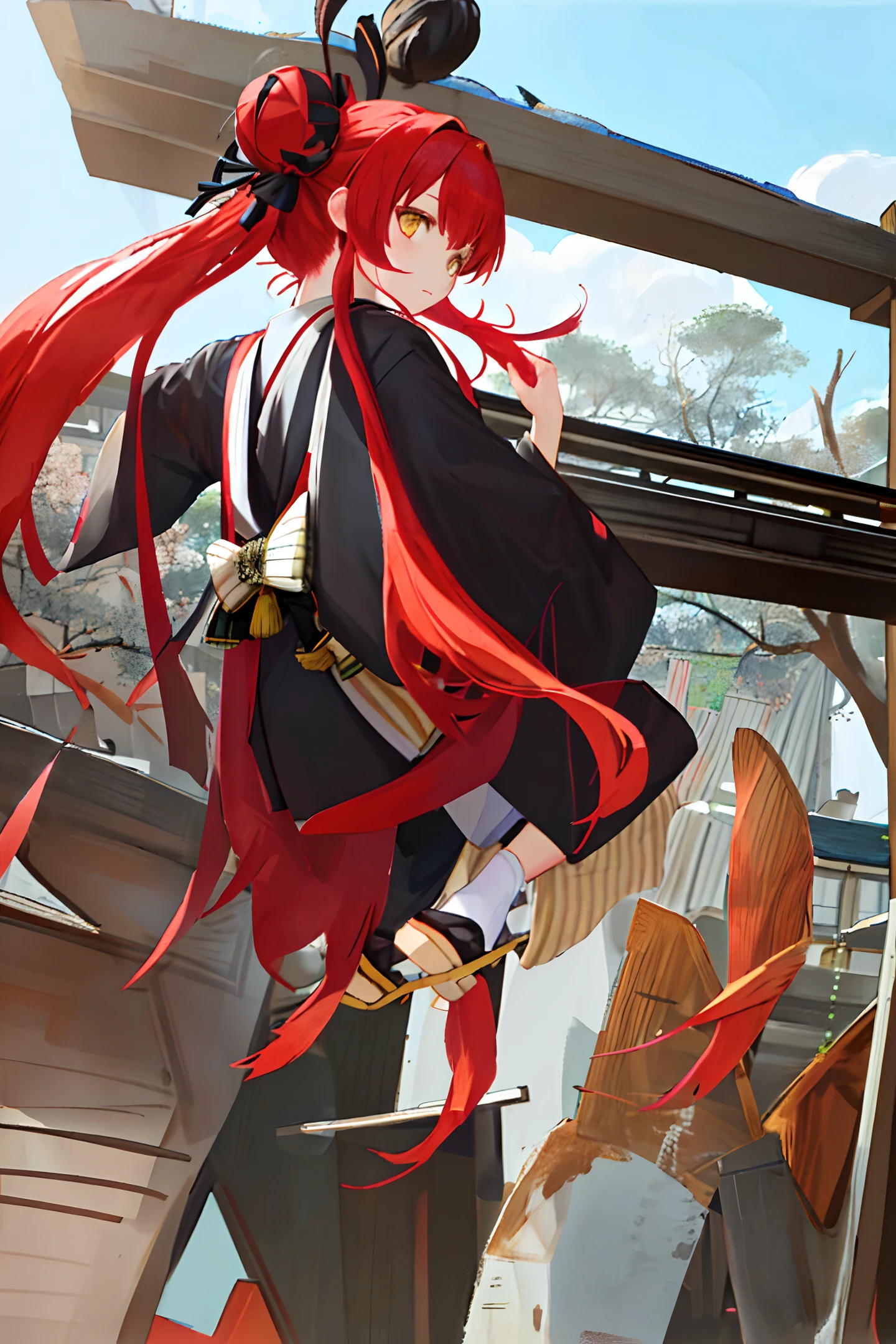 ((masterpiece,best quality)),2girls, black kimono, black legwear, black ribbon, black hair, cherry blossoms, day, flower, hair bun, hair ribbon, japanese clothes, kimono, long hair, looking at viewer, looking back, multiple girls, obi, outdoors, red eyes, red hair, ribbon, sandals, single hair bun, stairs, standing, statue, torii, tree, white kimono, yellow eyes