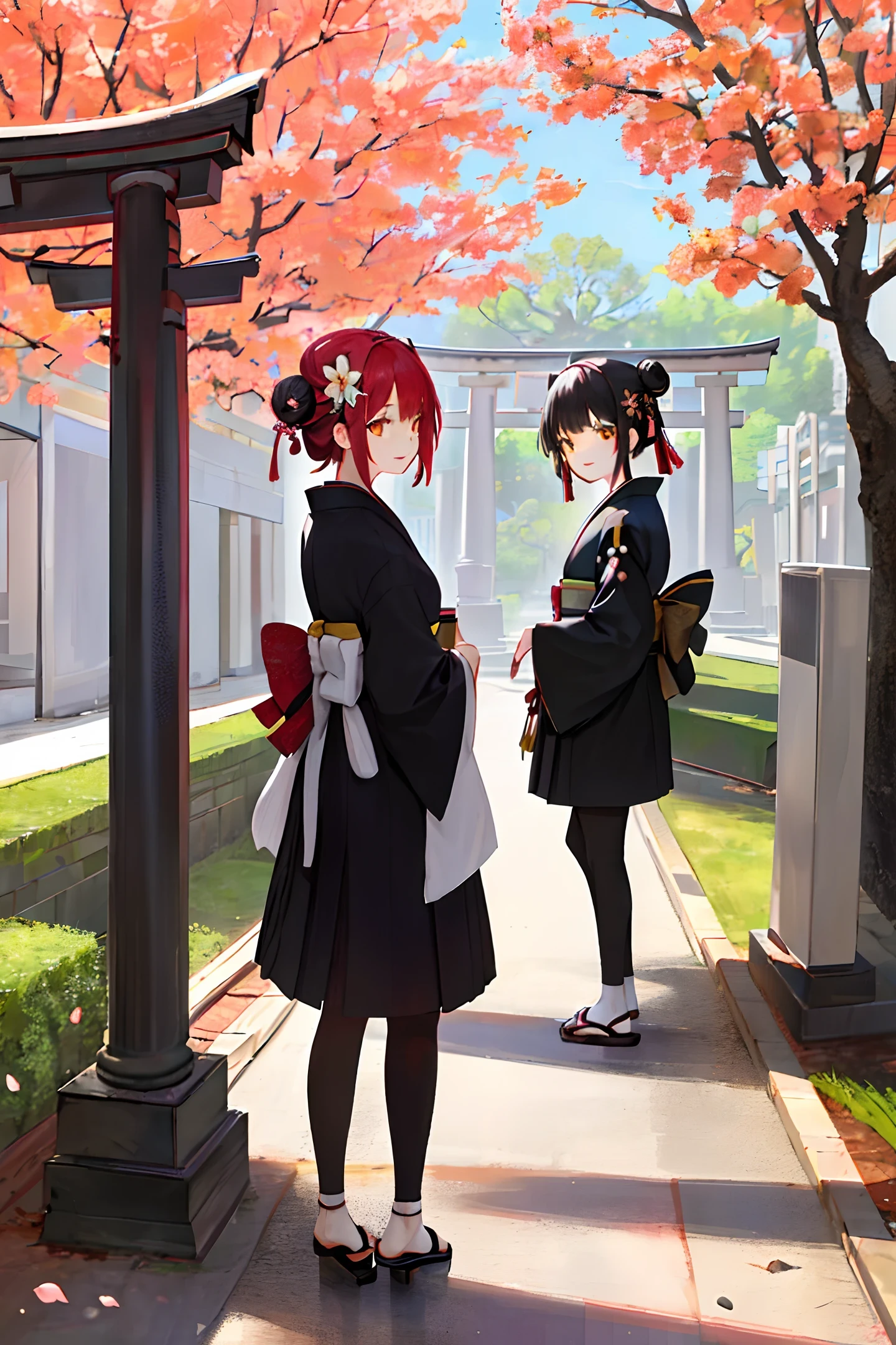 ((masterpiece,best quality)),2girls, black kimono, black legwear, black ribbon, black hair, cherry blossoms, day, flower, hair bun, hair ribbon, japanese clothes, kimono, long hair, looking at viewer, looking back, multiple girls, obi, outdoors, red eyes, red hair, ribbon, sandals, single hair bun, stairs, standing, statue, torii, tree, white kimono, yellow eyes