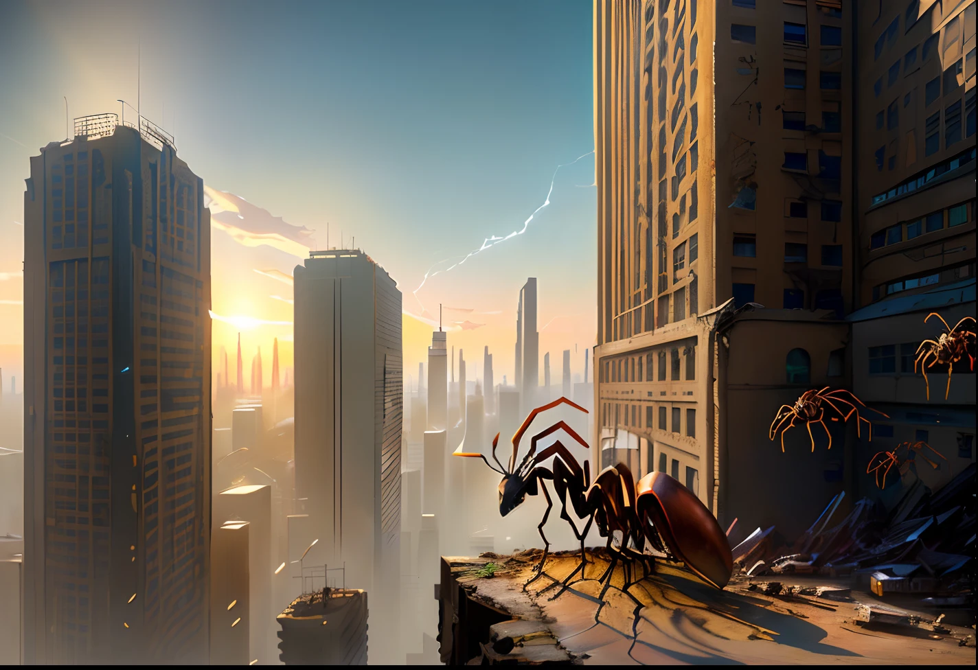 （（A zombie ant in an abandoned city.）），cg，artstation style，pinterest，full shot，anthropomorphic expressions, rich colors, exquisite details, masterpiece, realistic，artsation, cg, realistic, Unreal Engine , real light and shadow, beautiful rich colors, amazing details, high quality
