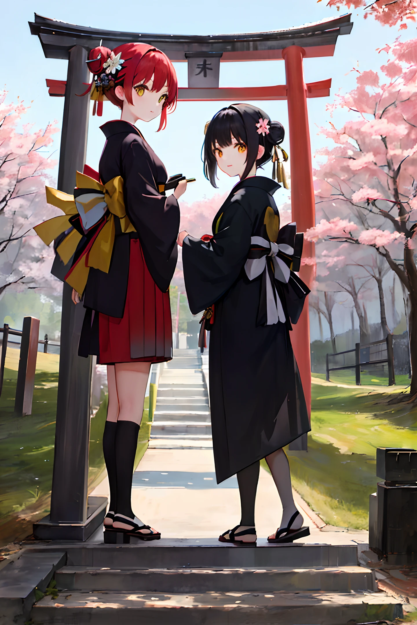 ((masterpiece,best quality)),2girls, black kimono, black legwear, black ribbon, black hair, cherry blossoms, day, flower, hair bun, hair ribbon, japanese clothes, kimono, long hair, looking at viewer, looking back, multiple girls, obi, outdoors, red eyes, red hair, ribbon, sandals, single hair bun, stairs, standing, statue, torii, tree, white kimono, yellow eyes