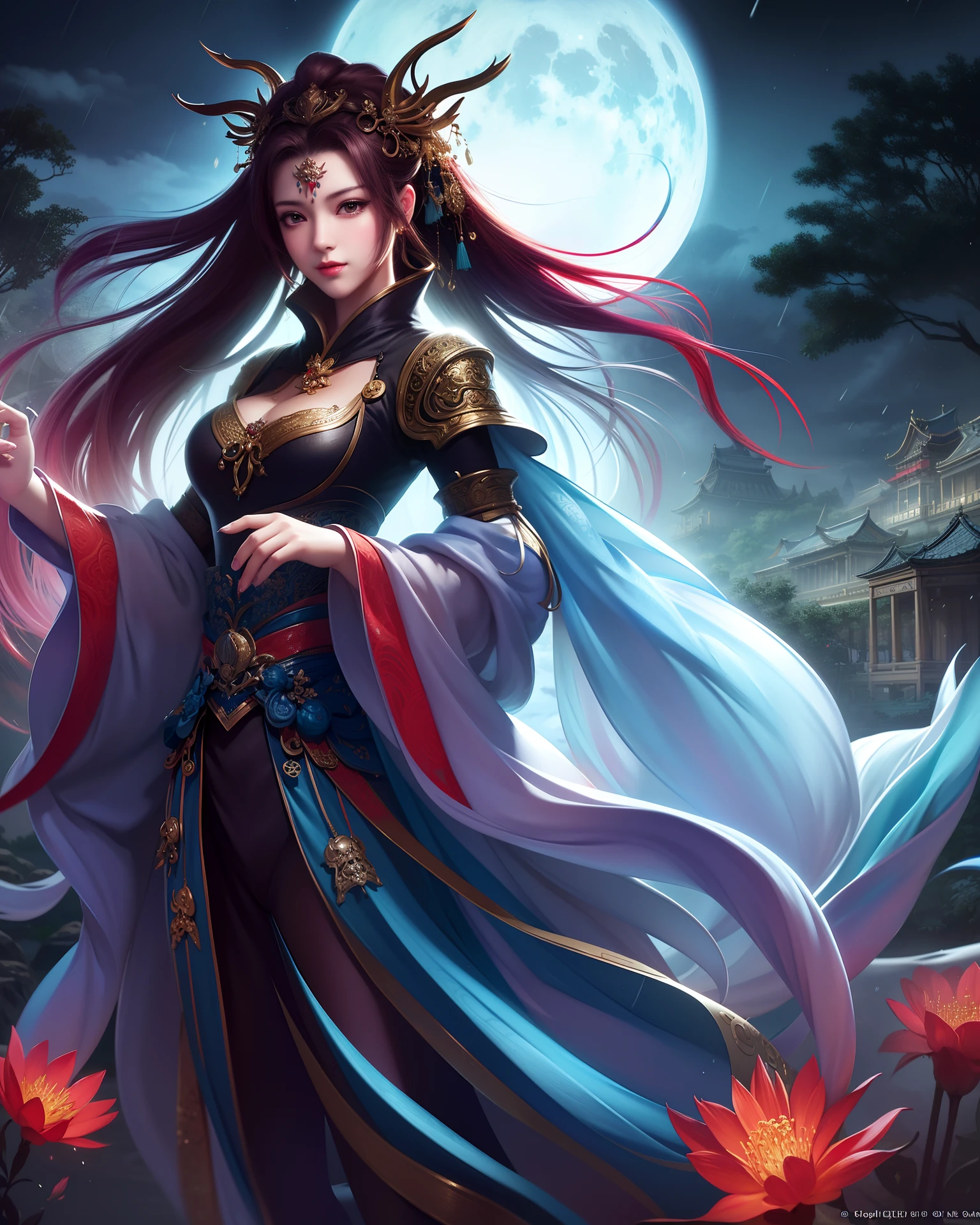 (8k, RAW photo:1.2),best quality, ultra high res,dramatic angle,(fluttered detailed color splashs), (illustration),(((1 girl))),(long hair),(rain:0.9),(hair ornament:1.4),there is an ancient palace beside the girl,chinese clothes,(focus on), color Ink wash painting,(color splashing),colorful splashing,(((colorful))),(sketch:0.8), Masterpiece,best quality, beautifully painted,highly detailed,(denoising:0.6),[splash ink],((ink refraction)), (beautiful detailed sky),moon,highly,detaild,(masterpiece, best quality, extremely detailed CG unity 8k wallpaper,masterpiece, best quality, ultra-detailed),(Lycoris radiata), 