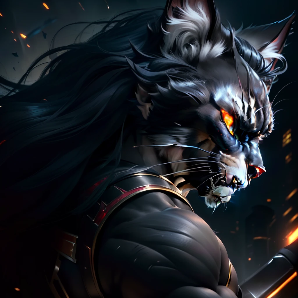 (extremely detailed CG unity 8k wallpaper, masterpiece, best quality), high resolution, dynamic angle, dramatic lighting, (blackcat-man), muscular build, intense expression, ( two ears One ruby on Left ear), (dark long hair), (whiskers and claws),white background.