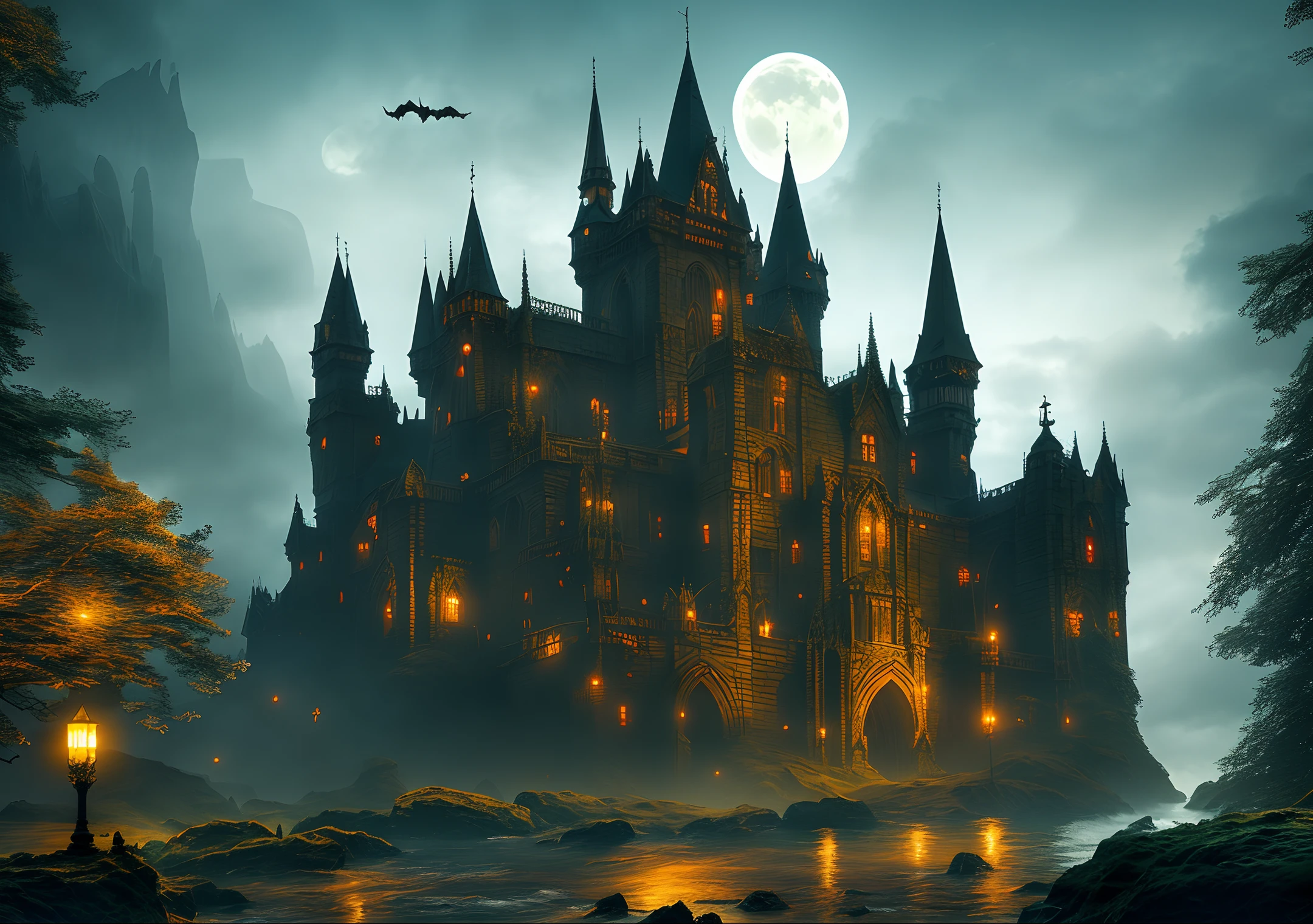 gothic castle, dark, Night, Moon, long view, unreal, 4K, digital painting, High definition，Halloween，All Saints Day，high quality, High definition, High quality texture, High quality shadow, high detail, beautiful detailed, finely detailed, extremely detailed cg, detailed texture， realistic, colorful, delicate, Cinematic Light