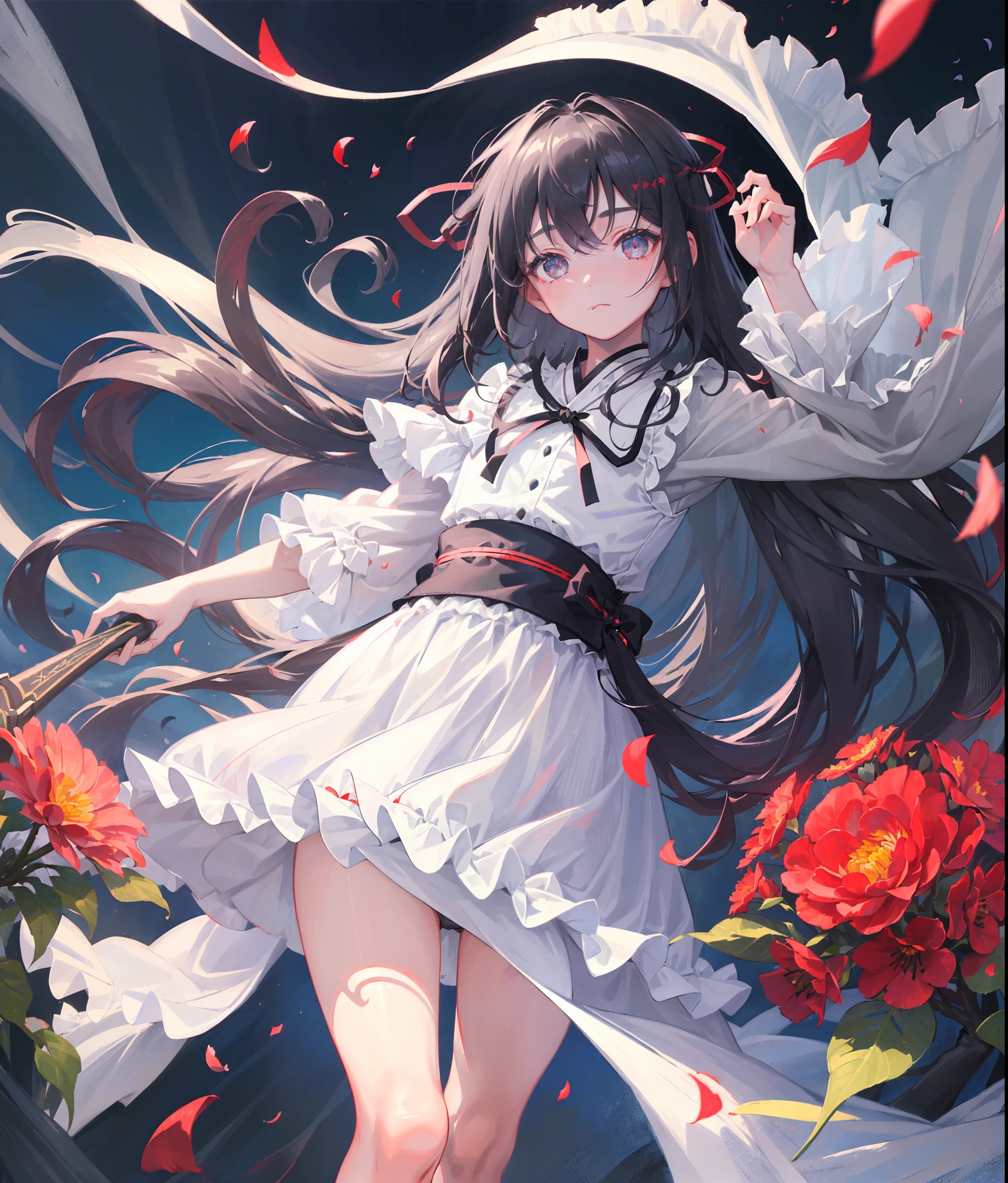 (little girl:1.5),lace,ribbon,hanfu,(masterpiece, sidelighting, finely detailed beautiful gray eyes: 1.2), masterpiece, realistic, glowing eyes,shiny hair,black hair,long long hair, lustrous skin, solo, embarassed,Strapless,exquisite,beautifly,garden,flowers,flying petals