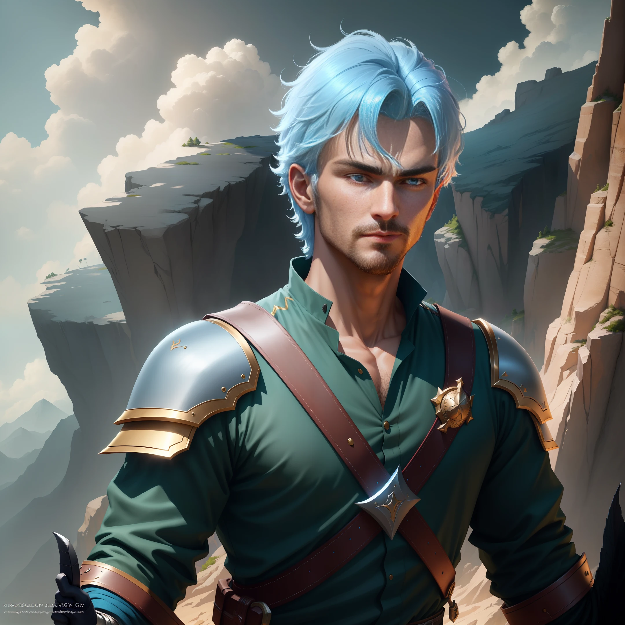 masterpiece, best quality, (extremely detailed CG unity 8k wallpaper), (best quality), (best shadow),A dragon slaying warrior, short light blue hair, (golden eyes), (a handsome face:1.2). Holding a long green sword in his hand, he rode a red dragon on the cliff with a resolute gaze,,((hyperrealism)),(Perfect Light and Shadow),(CG quality),(Quality of Artstation website)