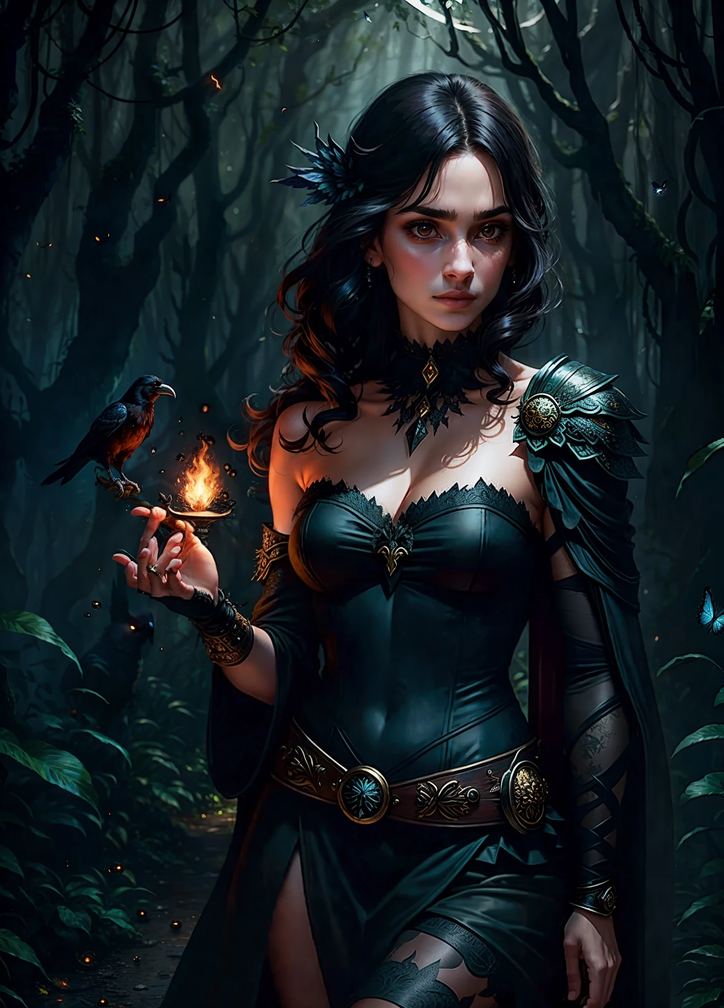 sexy full shot body photo of the most beautiful artwork in the world, illustration, cinematic light, fantasy, highres, highest quallity, ultra detailed,  best quality, masterpiece, (detailed face), sexy mature woman wears a long green glittery skirt  fullbody , floating cloth, choker, glowing (elder underworld fantasy) forest plants with neon details, open shoulders, tiny glowing butterfly, one crow on shoulder, pet(crow)(raven), hair jewelry, brunette, curly hair, (focus on body:1.25), night, small mutated animals in background,  emitting magic energy, dark, light reflection, Skilled, Lethal Assassin with Magic Spells, C Teenage Girl with Intelligent Raven Familiar, Shadowy and Stealthy with Deadly Weapons, Enchanted Fantasy Gothic Style, Mysterious and Thrilling Action. crow on shoulder, spell casting, witch, mature woman, 