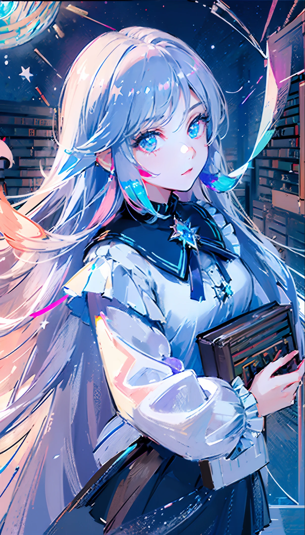 (Highest picture quality),(Master's wordecorationsd), (((1girl)))solo,long white hair,blue eyes, (no smile),best quality,finely detail,masterpiece, (magic book:1.4),(ultra-detailed),(Detailed eye description:1.2),(floating colorful wind:1.4),(Tarot border:1.4),(close-up:1.2),(looking to the side:1.3),(chaotic geometric images:1.3),(nagative space:0.8),(drawing board:1.3),(huge crystal ball and stars in behind :1.5),(ether colorful ink flowing:1.3),((library bookelf back ground:1.8)),big top sleeves, ((frills)), hair_ornament,blue ribbons, bowties, buttons, (((middle breast))),(white pleated skirt:1.2), ((sharp focus)), ((masterpiece)), (((best quality))), ((extremely etailed)), colorful, hdr, white hair,((Magus)),(upper body:1.5),(Face the viewer with a straight face:1.5)