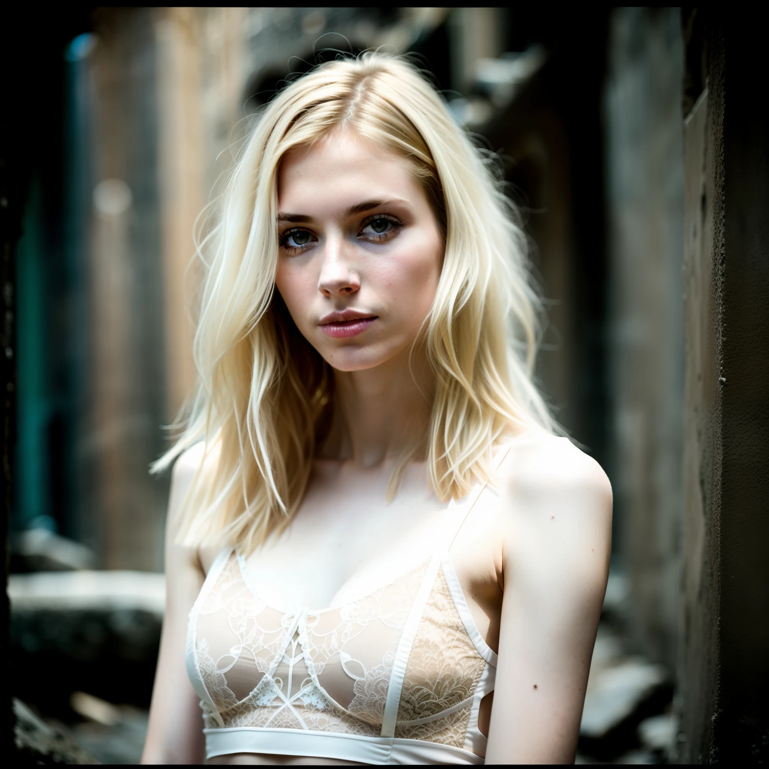 RAW photo, long haircut, pale skin, slim body, background is city ruins, (high detailed skin:1.2), 8k uhd, dslr, soft lighting, high quality, film grain, Fujifilm XT3，Breast patch