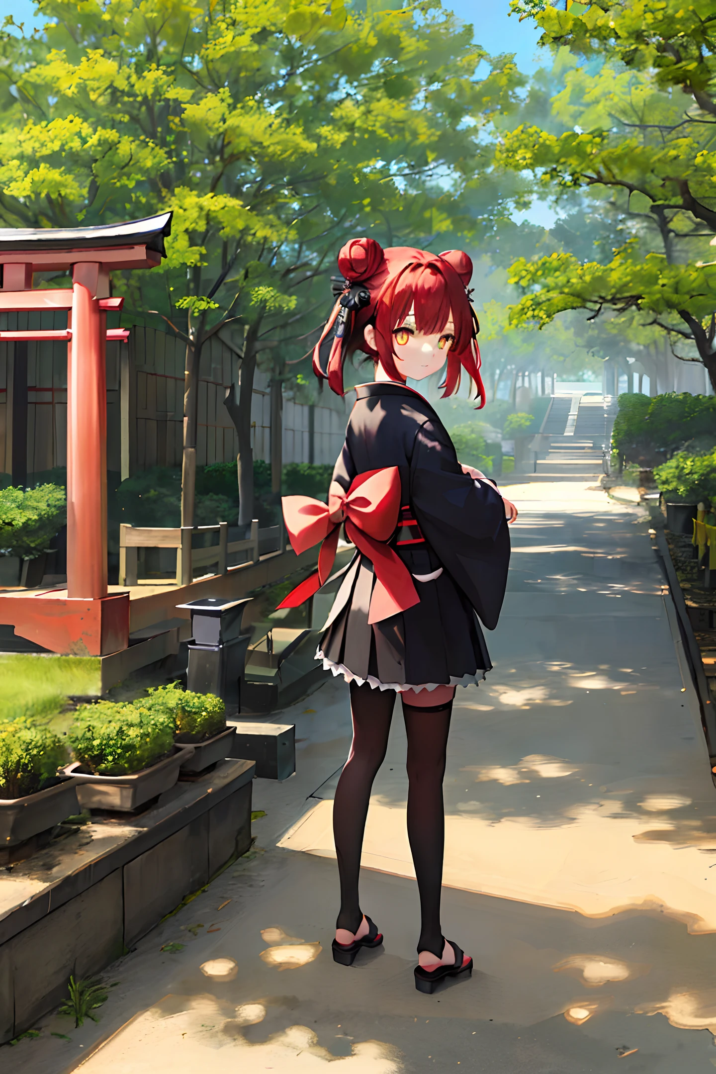 ((masterpiece,best quality)),2girls, black kimono, black legwear, black ribbon, black hair, cherry blossoms, day, flower, hair bun, hair ribbon, japanese clothes, kimono, long hair, looking at viewer, looking back, multiple girls, obi, outdoors, red eyes, red hair, ribbon, sandals, single hair bun, stairs, standing, statue, torii, tree, white kimono, yellow eyes