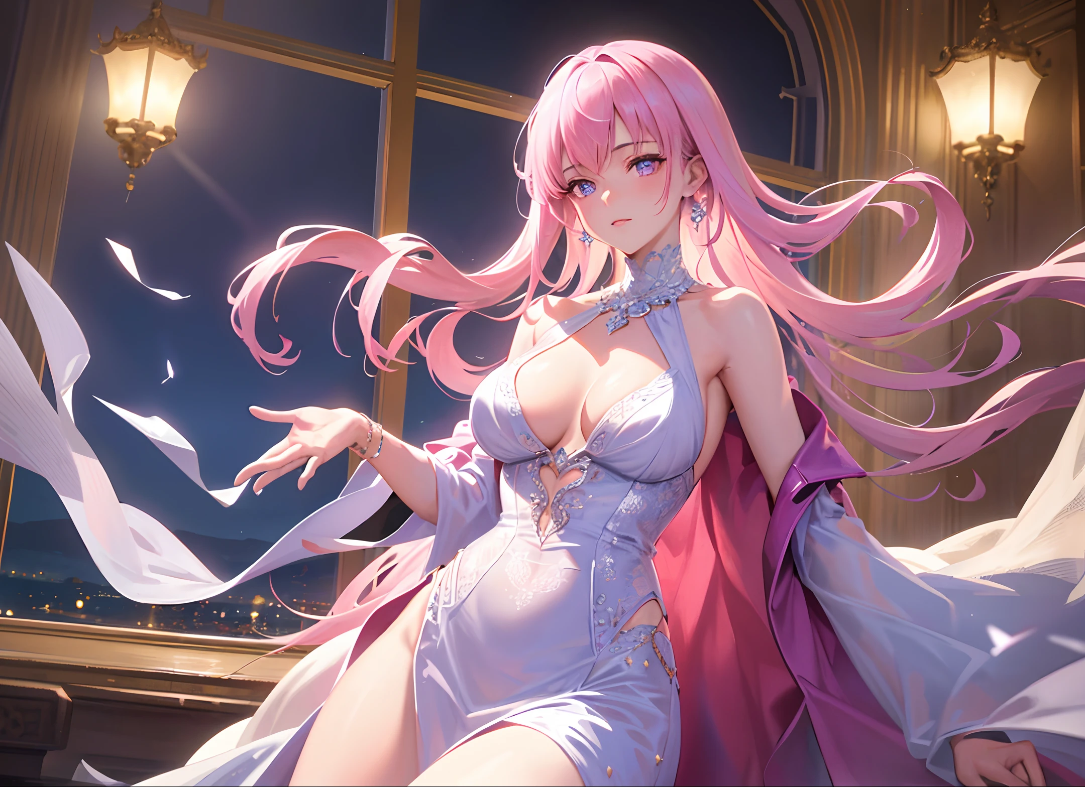 (unparalleled masterpiece, sidelighting, finely detailed beautiful eyes: 1.2), 1 girl, ultra realistic 8k CG, perfect artwork,upper body, shiny hair, glowing eyes, lustrous skin, realistic, 3d face, perfect female figure, mature female, milf, narrow waist, overlooking ancient city from balcony, holding a wine glass, alluring,prestige, gorgeous, luxury jewelry, light pink hair, purple eyes, luxurious royal robe
