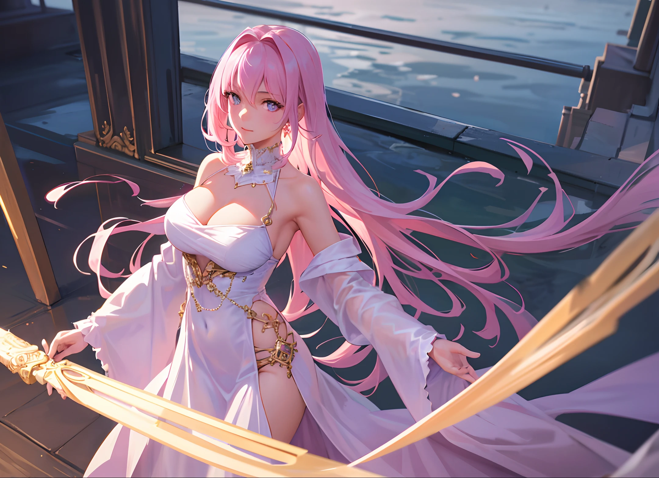 (unparalleled masterpiece, sidelighting, finely detailed beautiful eyes: 1.2), 1 girl, ultra realistic 8k CG, perfect artwork,upper body, shiny hair, glowing eyes, lustrous skin, realistic, 3d face, perfect female figure, mature female, milf, narrow waist, overlooking ancient city from balcony, holding a wine glass, alluring,prestige, gorgeous, luxury jewelry, light pink hair, purple eyes, luxurious royal robe