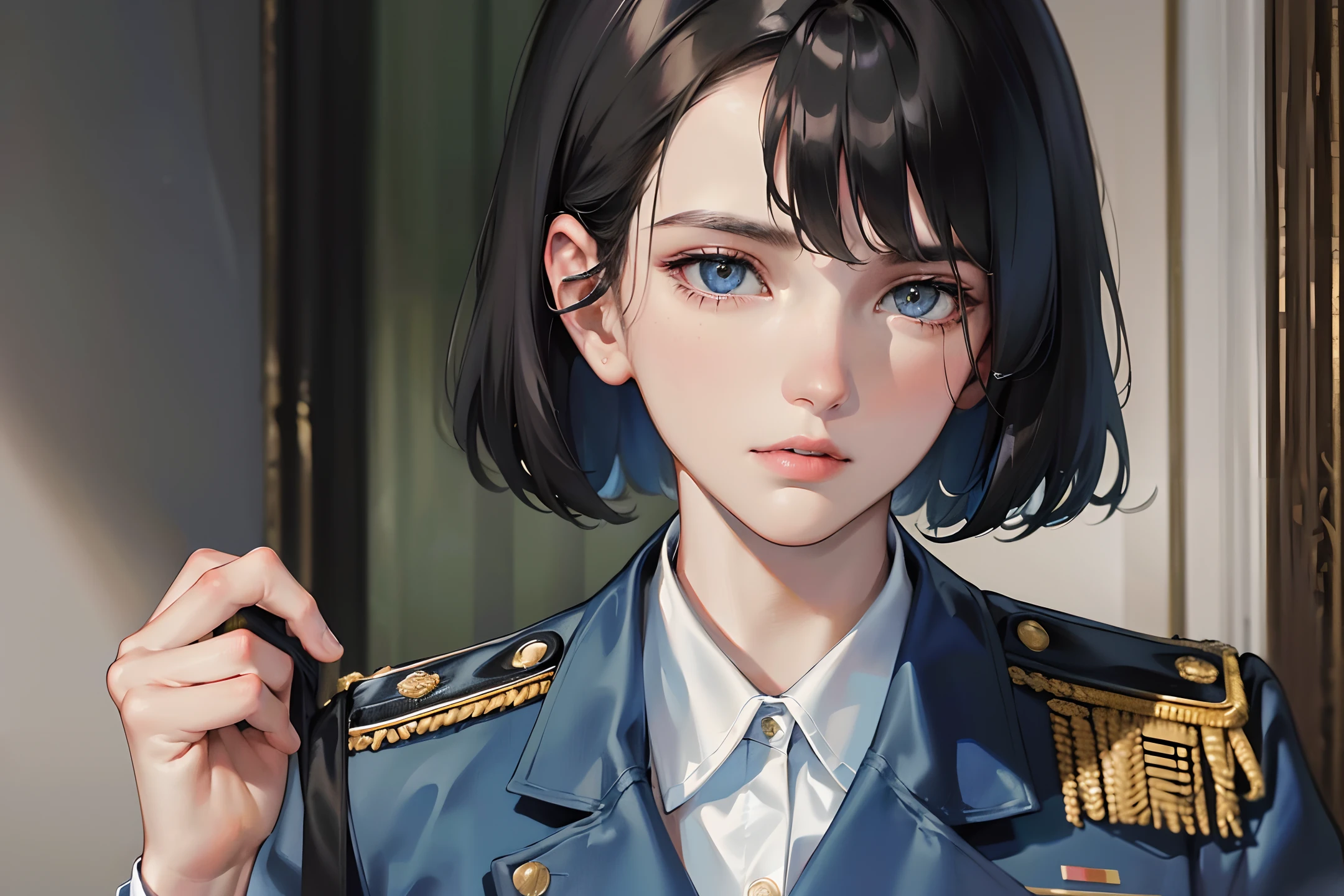 (highest resolution, distinct_image) Best quality, single person, one woman, solo, masterpiece, highly detailed, semi realistic, black short hair, black hair, bangs, 18 years old, mature, light blue military uniform, military uniform, indoor background, gentle, authoritative, powerful, exquisite facial features, exquisite facial features