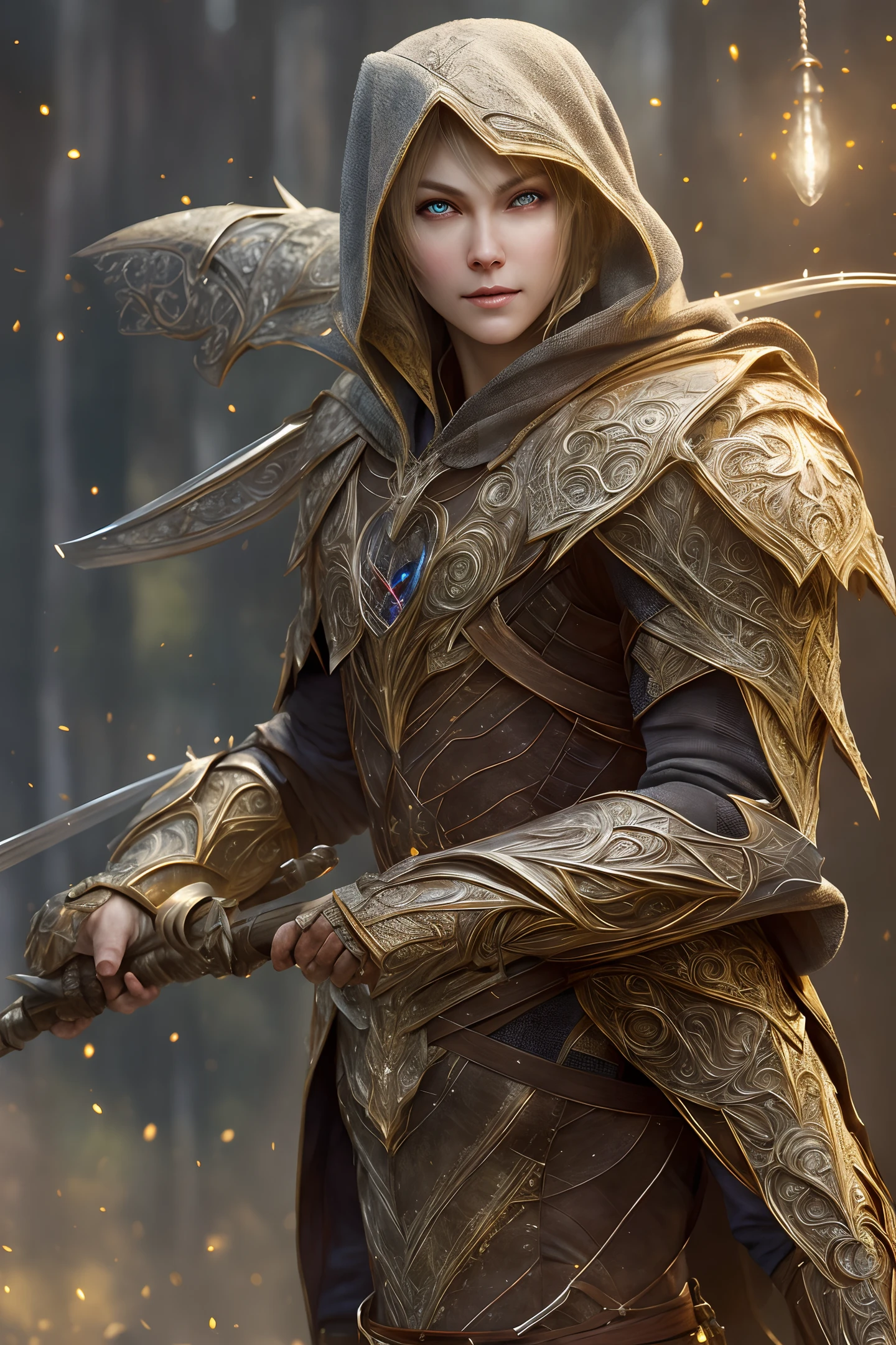 (realistic:1.3), model shot,(intricate details:1.15),painting \(artwork\), ((masterpiece,best quality)), ((cinematic light)),elf archer, dark fantasy \(style\), detailed armor,detailed hood, detailed face,detailed eyes, detailed background,
