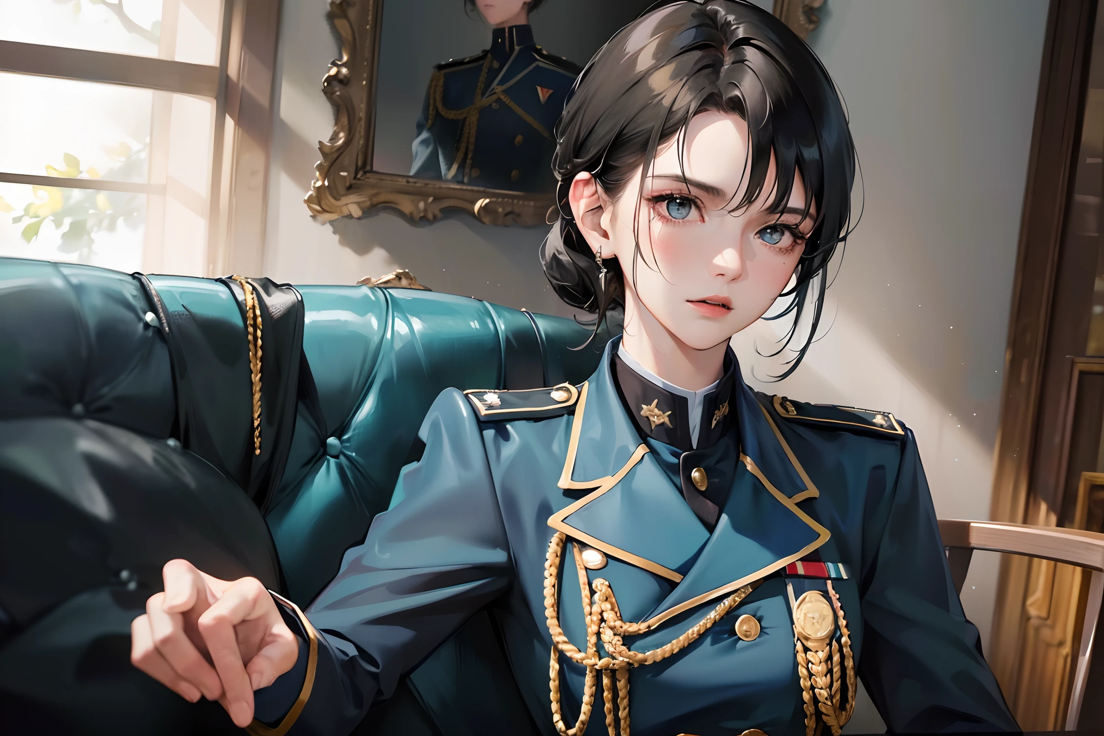 (highest resolution, distinct_image) Best quality, single person, one woman, solo, masterpiece, highly detailed, semi realistic, black short hair, black hair, bangs, 18 years old, mature, light blue military uniform, military uniform, indoor background, gentle, authoritative, powerful, exquisite facial features, exquisite facial features