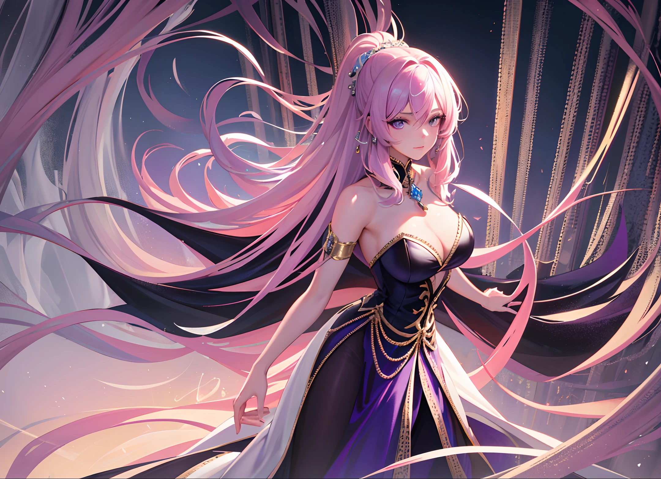 (unparalleled masterpiece, sidelighting, finely detailed beautiful eyes: 1.2), 1 girl, ultra realistic 8k CG, perfect artwork,upper body, shiny hair, glowing eyes, lustrous skin, realistic, 3d face, perfect female figure, mature female, milf, narrow waist, overlooking ancient city from balcony, alluring,prestige, gorgeous, luxury jewelry, light pink hair, purple eyes, luxurious white royal robe, cold beauty, cold eyes, revealing shoulders