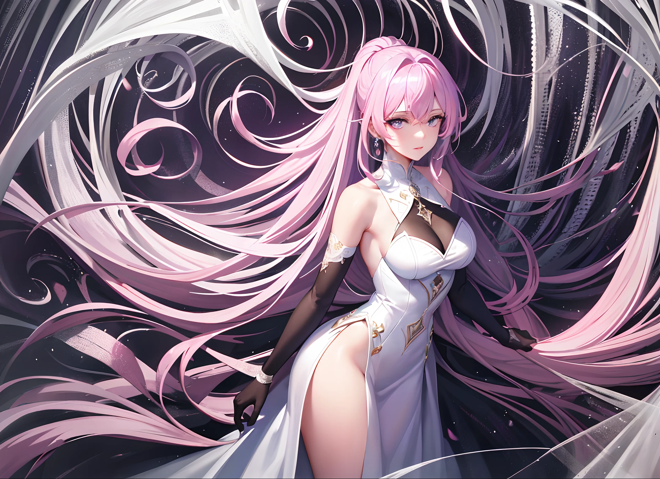 (unparalleled masterpiece, sidelighting, finely detailed beautiful eyes: 1.2), 1 girl, ultra realistic 8k CG, perfect artwork,upper body, shiny hair, glowing eyes, lustrous skin, realistic, 3d face, perfect female figure, mature female, milf, narrow waist, overlooking ancient city from balcony, alluring,prestige, gorgeous, luxury jewelry, light pink hair, purple eyes, luxurious white royal robe, cold beauty, cold eyes, revealing shoulders