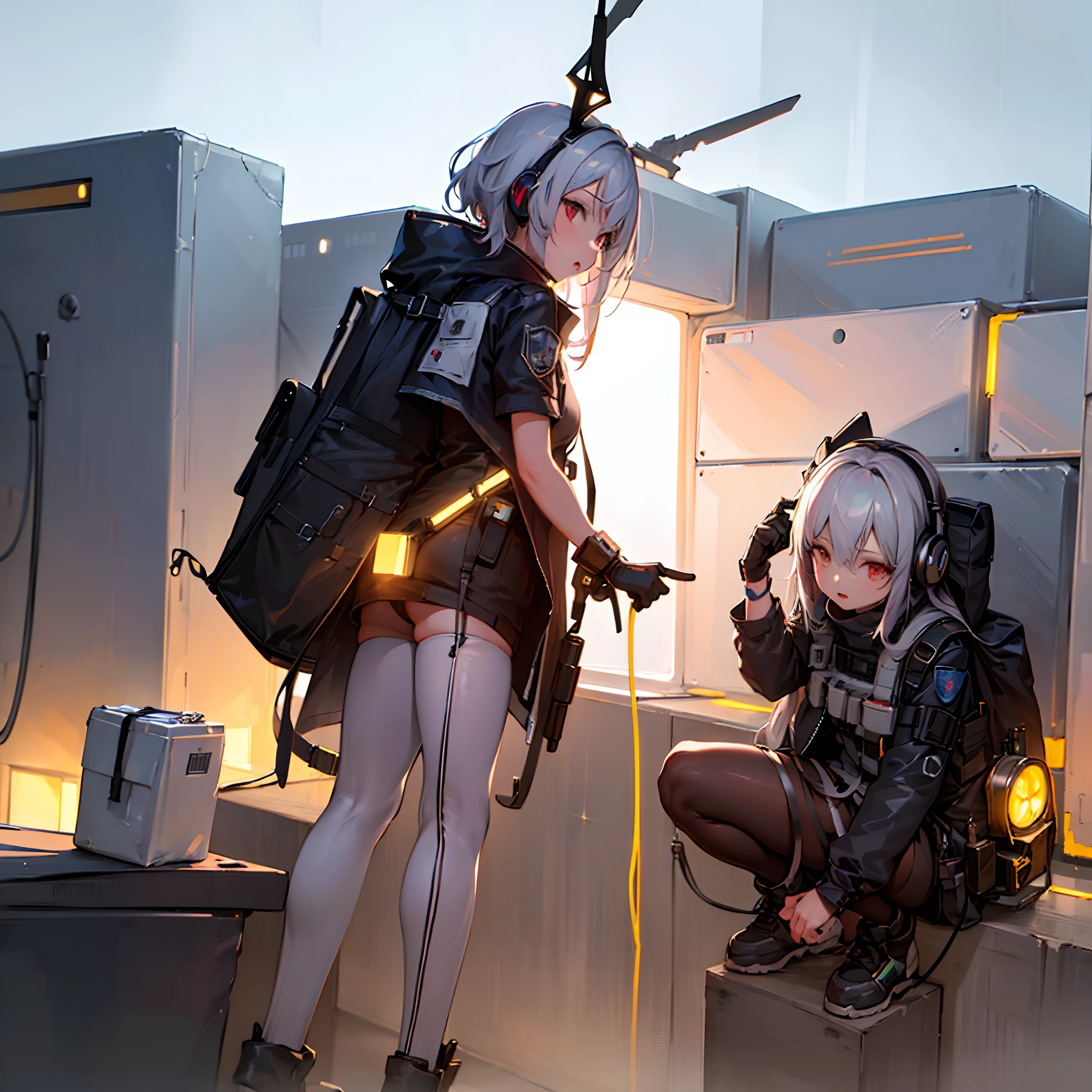 ((high quality)), ((masterpiece)), 8k, 2girls, bulletproof vest, light rays, extremely detailed CG unity 8k wallpaper, game cg, looking at viewer, gloves, boots, full body, watch, computer, mask, drone, holding weapon, headphones, jacket, bag, backpack,