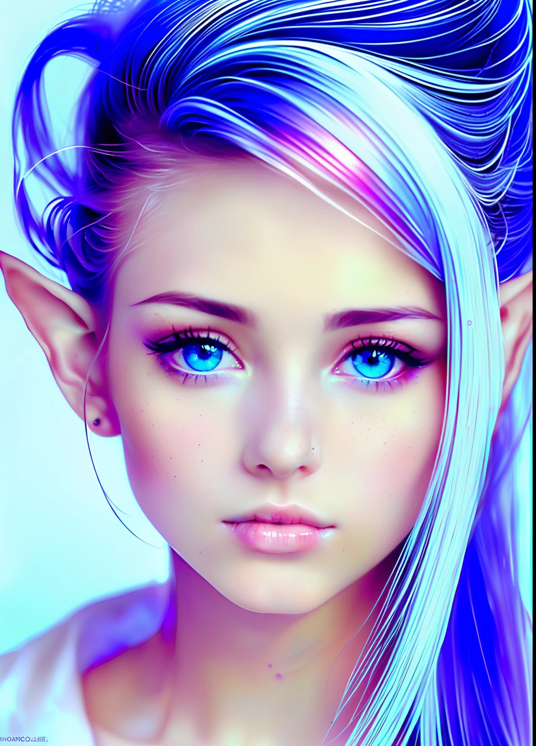photo, style synthwave a elf woman by agnes cecile, luminous design, pastel colours, ink drips, autumn lights,blue eyes,