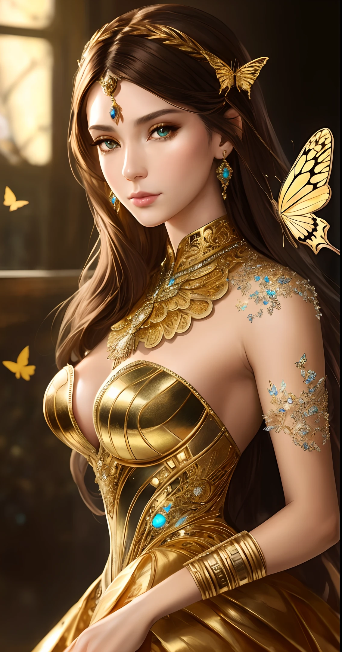 8k portrait of beautiful cyborg with brown hair, intricate, elegant, highly detailed, majestic, digital photography, art by artgerm and ruan jia and greg rutkowski surreal painting gold butterfly filigree, broken glass, (masterpiece, sidelighting, finely detailed beautiful eyes: 1.2), hdr, mature woman, studying, gold bracelet, diamond pendant,