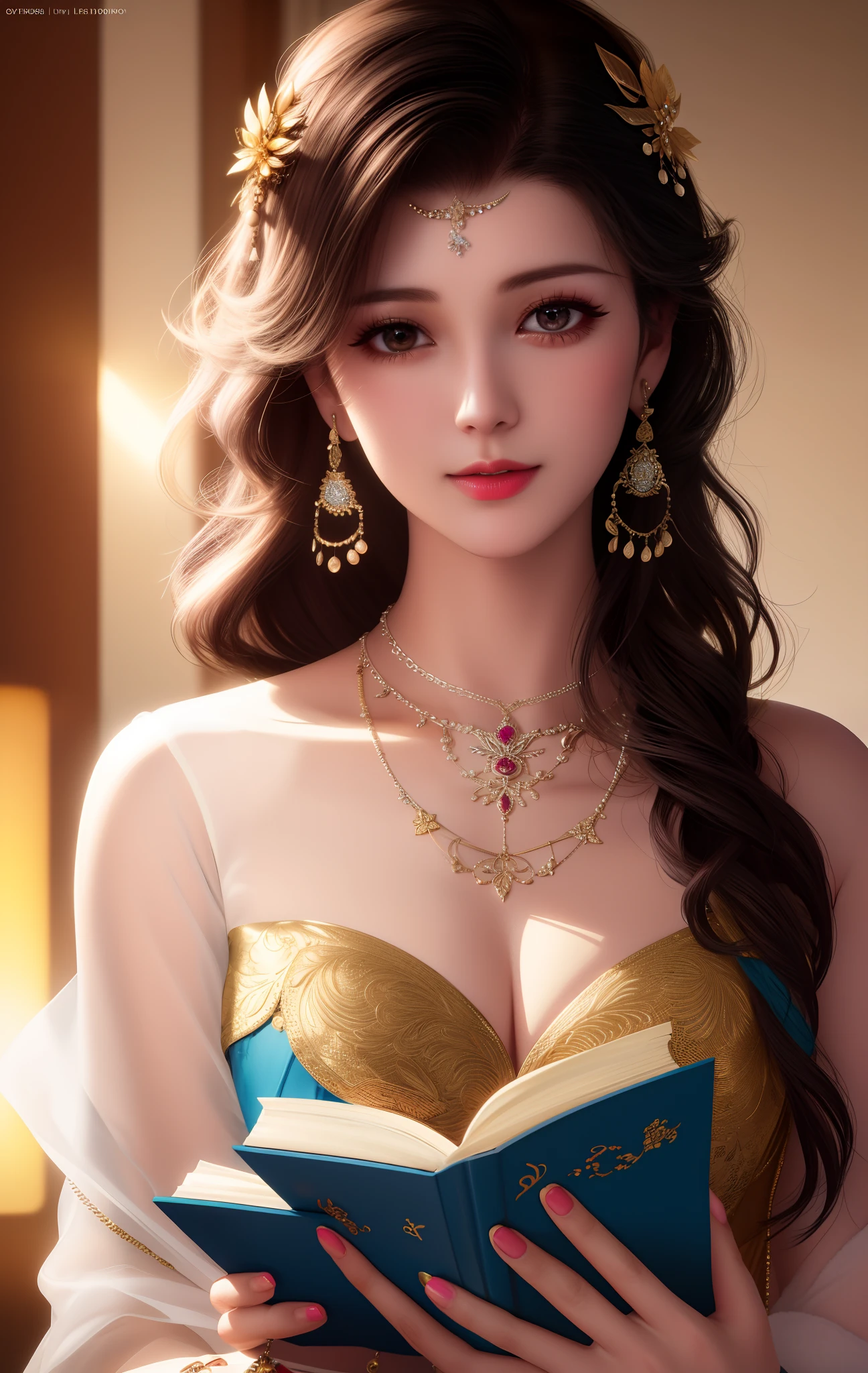 best quality, masterpiece, highres, 1 woman, mature woman,china dress,hair ornament,necklace, jewelry,Beautiful face,upon_body, tyndall effect,photorealistic, dark studio, rim lighting, two tone lighting,(high detailed skin:1.2), 8k uhd, dslr, soft lighting, high quality, volumetric lighting, candid, Photograph, high resolution, 4k, 8k, Bokeh, reading, studying books, diamond necklace, curly hair, beautiful dress,