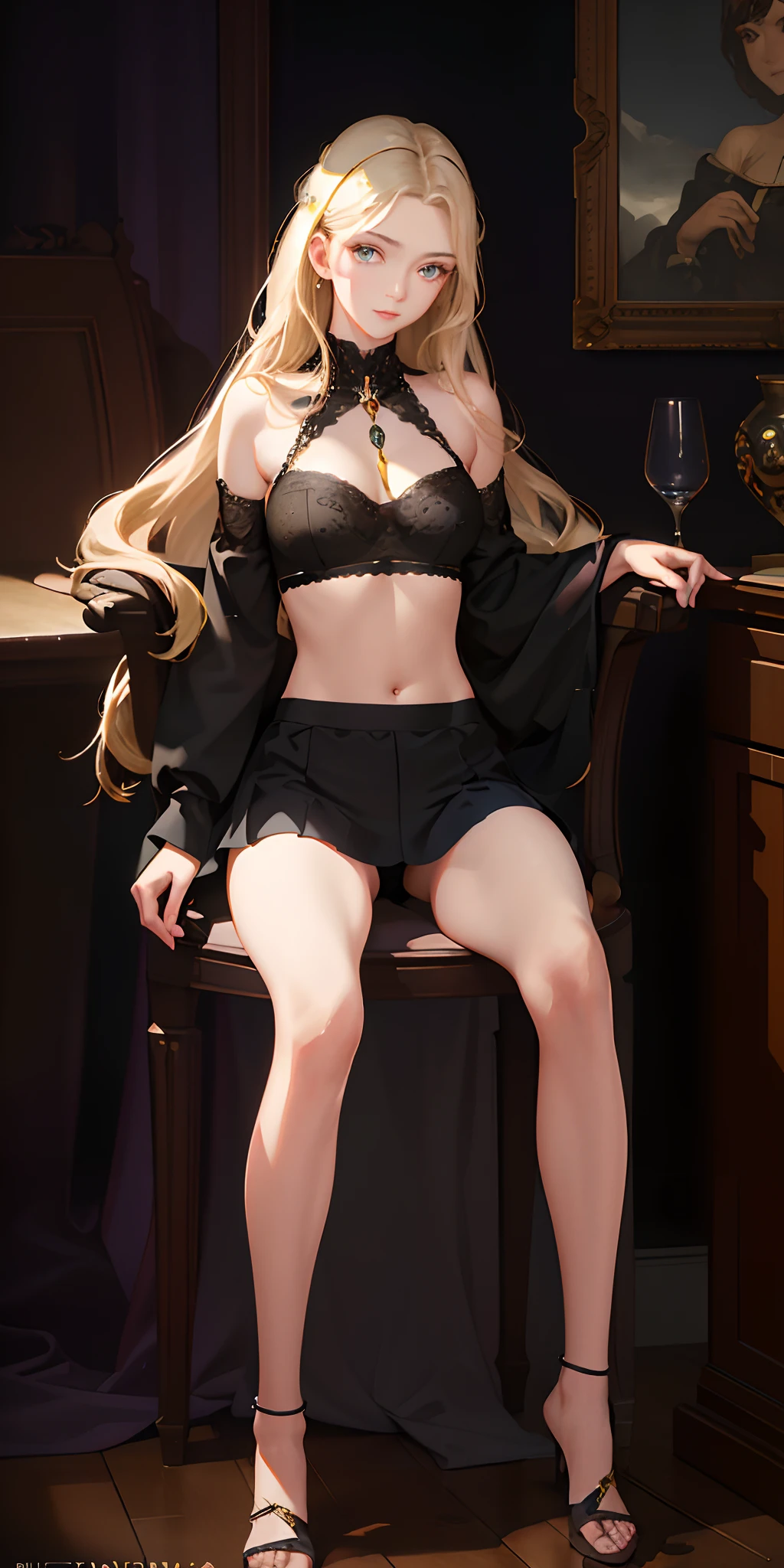 (photorealistic:1.4), (masterpiece, sidelighting, finely detailed beautiful eyes: 1.2), masterpiece*portrait, realistic, 3d face, glowing eyes, shiny hair, lustrous skin, solo, embarassed, (midriff), black underwear, blonde hair,