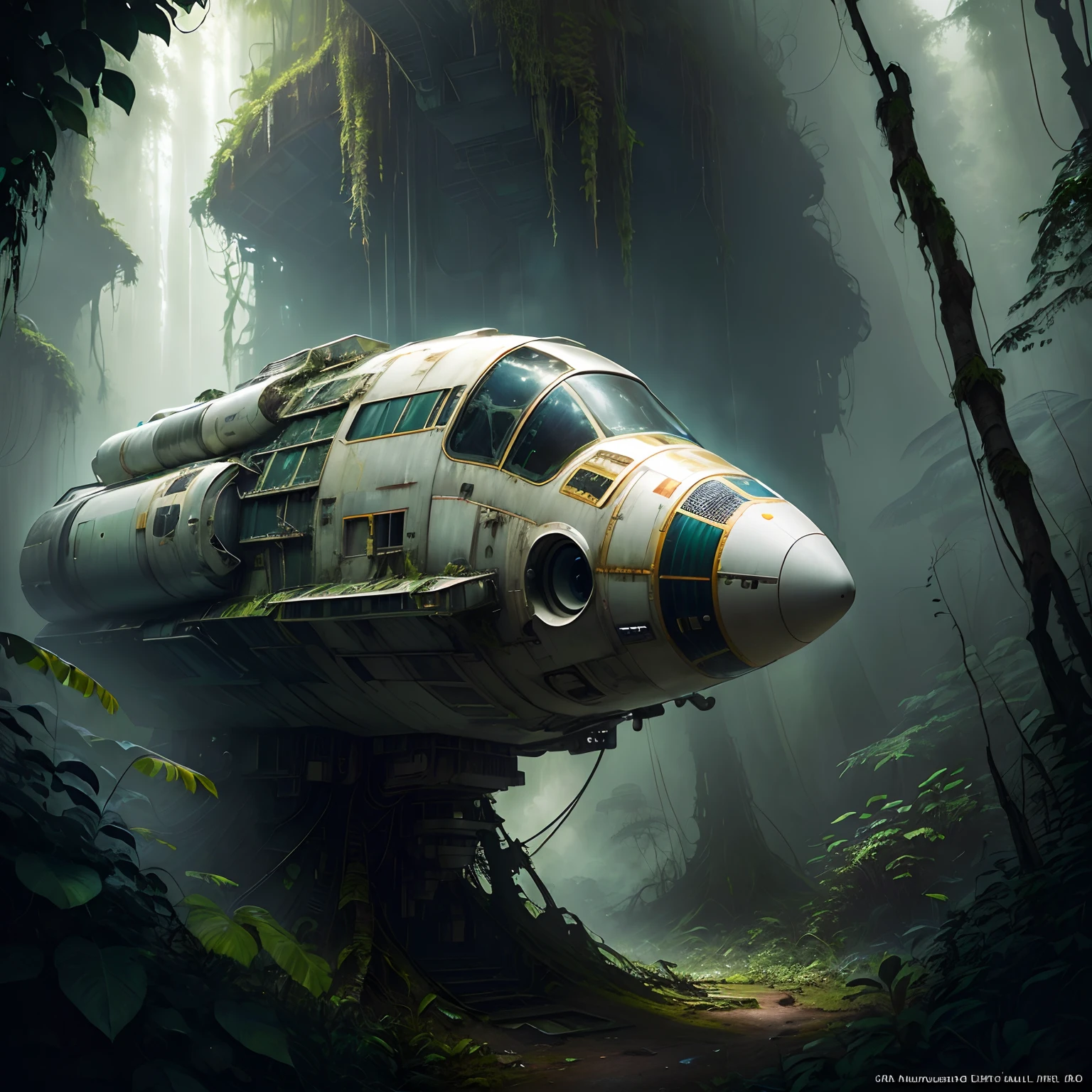((best quality)), ((masterpiece)), ((realistic)), (detailed),An astronaut, rainforest, abandoned spaceship,cinematic lighting