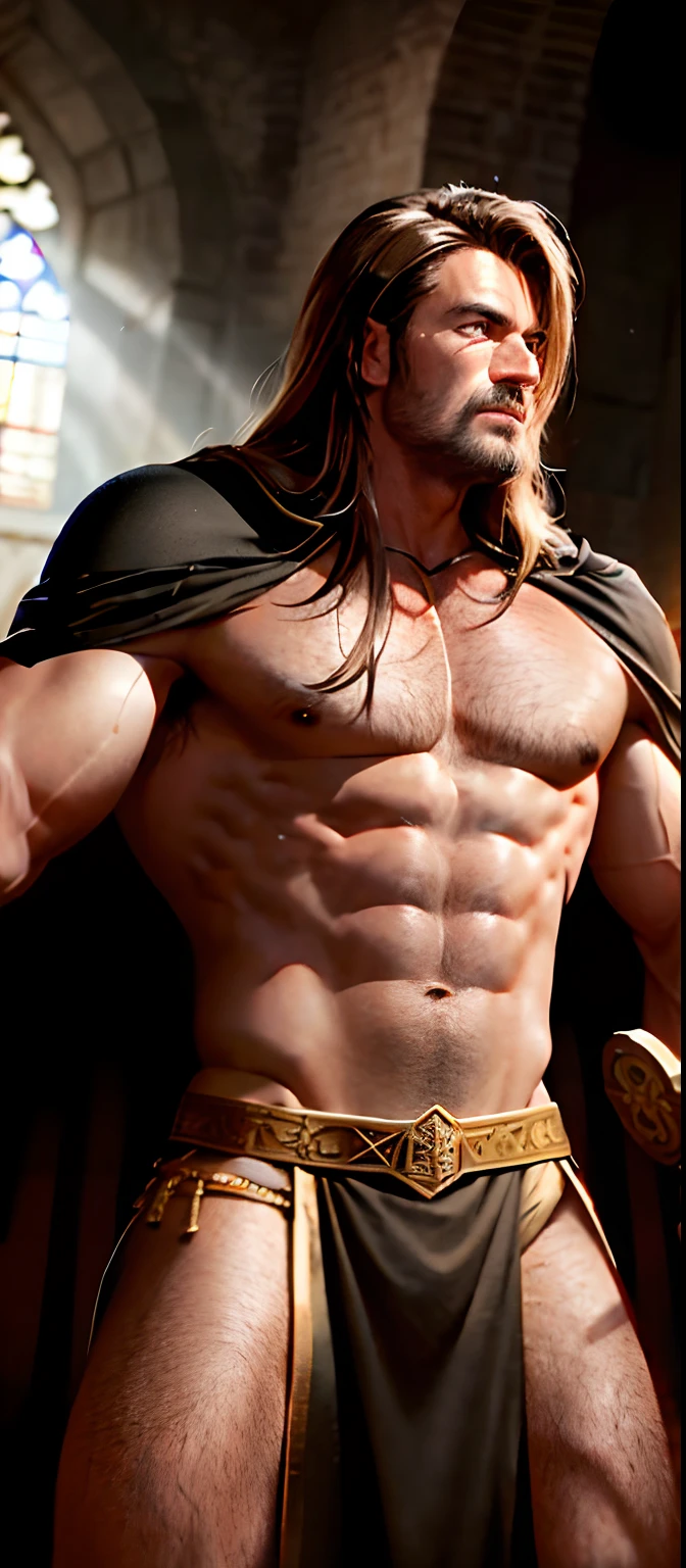 dim light, old church, male, muscular, shirtless, brown eyes, long brown hair, long black cape, red loincloth, holding longsword, gold bracelet, 8k, Unreal engine, highly detailed, octane render