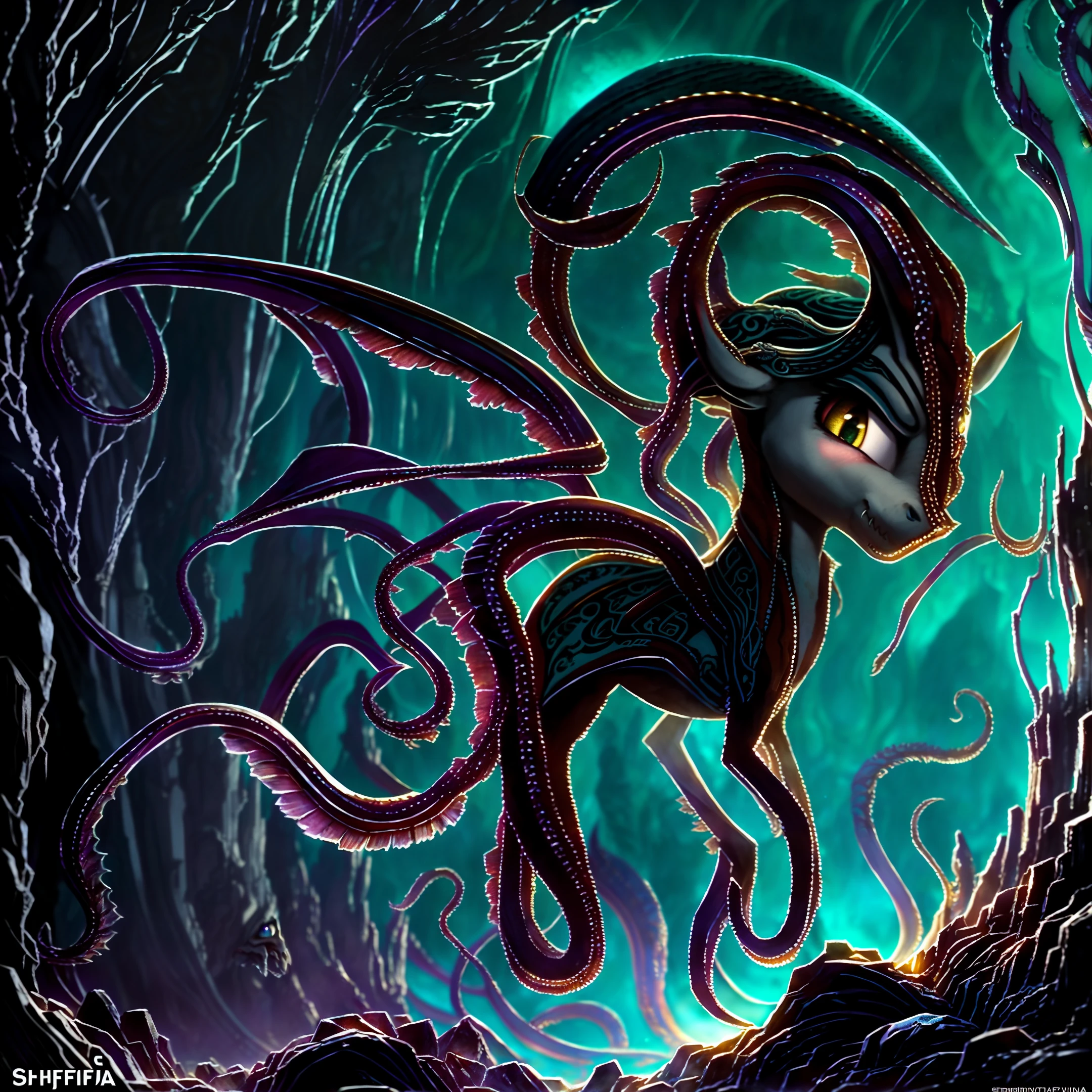 male pony, image macro, intricate detail, UHD footage, box office film, [overwrought:3, ]crisp, intricate, trending on cgsociety, pony[ frostpunk:6] [[render:pop art:8] :3]by (Shaun Tan Giovanni Battista Gaulli Jamie Hewlett:[1.1:1.24:5]), cthulhu mythos, octopus head, tentacle tails (multiple),