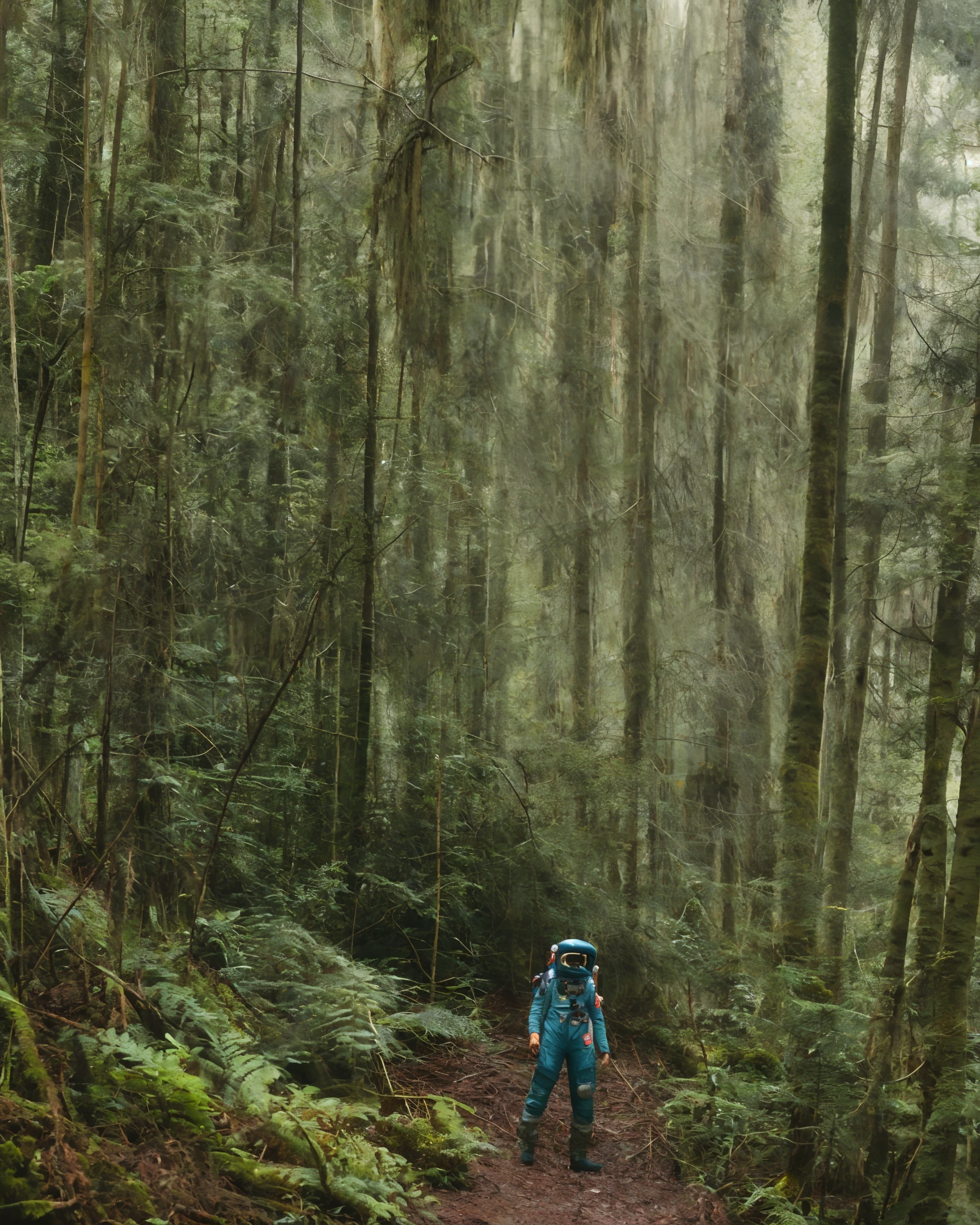 An astronaut, rainforest, abandoned spaceship