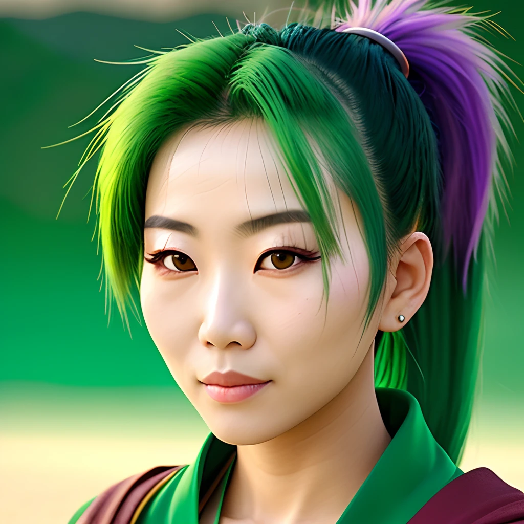 asian woman in the desert, facing the camera,exposed， (waist-high:1.2), green robe, blurred background, (green hair:1.2), Without makeup, ponytail, [[[insane details, intricate details, hyperdetailed, realistic photo]]]