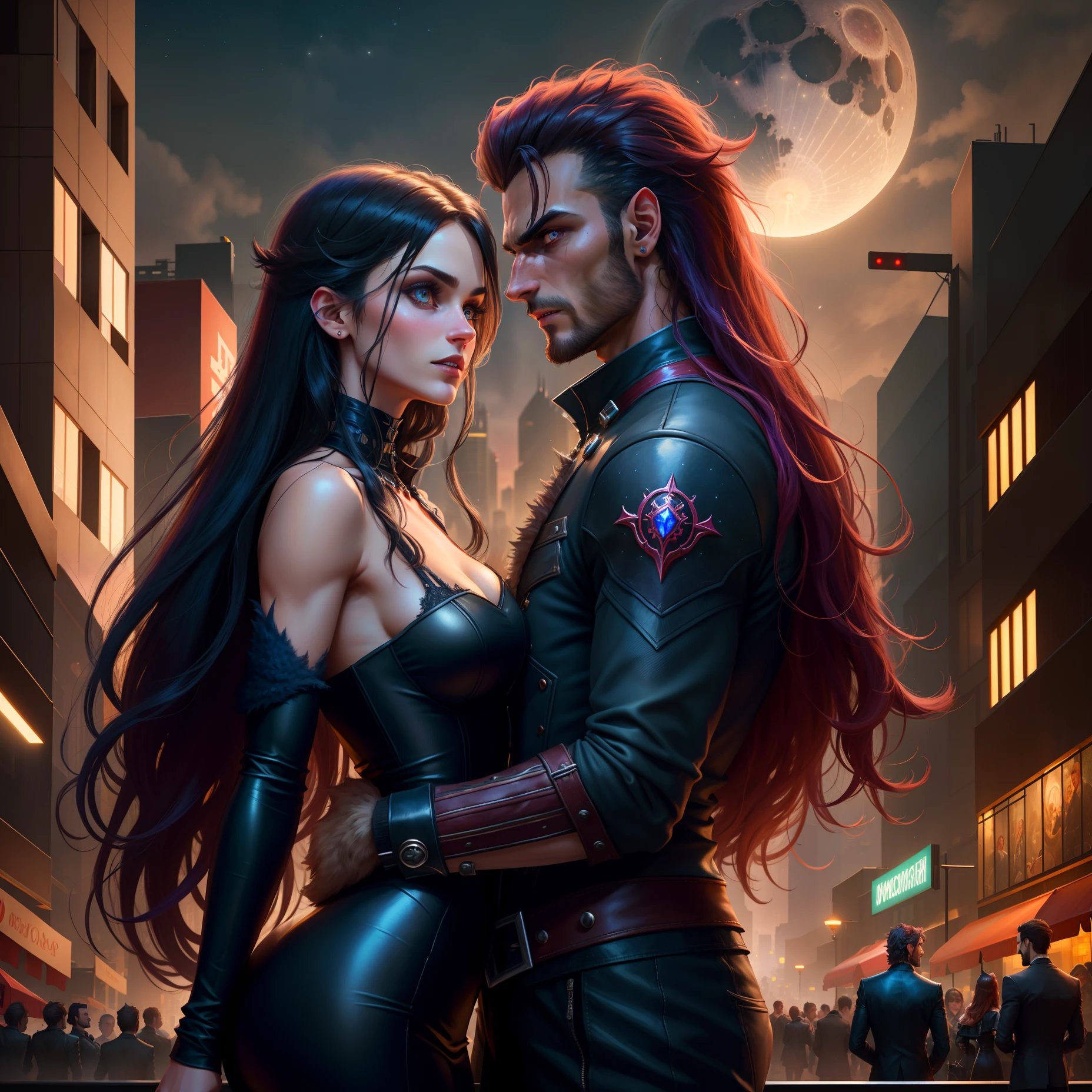 Highly detailed RAW color Photo, handsome werewolf man, beautiful vampire girl, intense atmosphere, seductive stares at each other, sci-fi background in urban city, other werewolves and vampires in background, Nations of Darkness game advertised, detailed hair, detailed faces, nighttime, moon full, sharp features, futuristic architecture