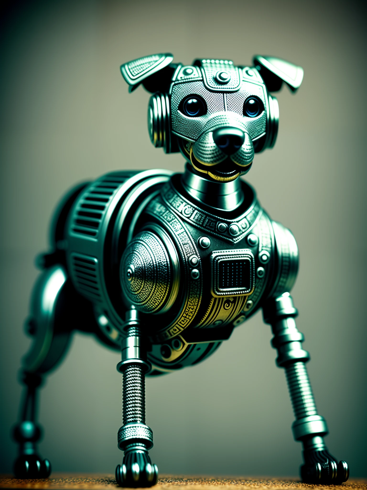 a cute dog made out of metal, (cyborg:1.1), ([tail | detailed wire]:1.3), (intricate details), hdr, (intricate details, hyperdetailed:1.2), cinematic shot, vignette, centered